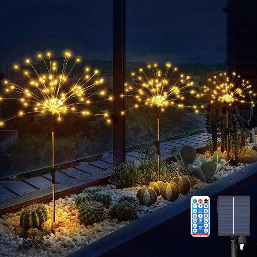 Upgraded 3-Pack Solar Garden Path Lights with Remote Control - 120 LED Solar Firework String Lights Outdoor Waterproof - 8 Lighting Modes Landscape Stake Lights for Walkway, Backyard, Patio, Christmas, Wedding, Party Decorations (Warm White) - Perfect for Outdoor Lighting, Pathway Illumination, and Holiday Events