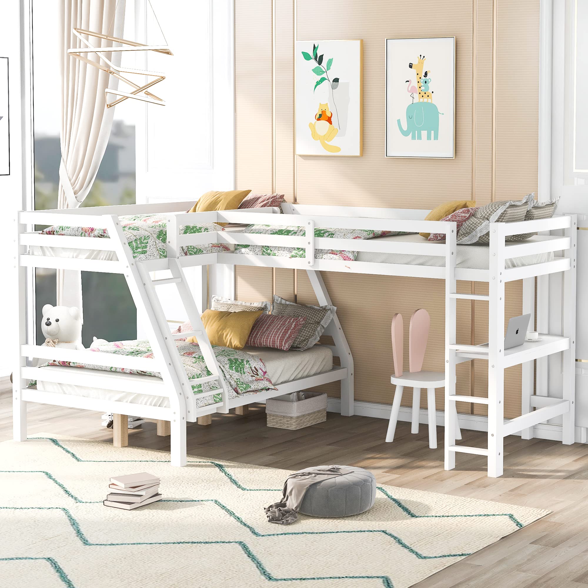 SOFTSEA L-Shaped Corner Bunk Bed with Built-in Desk for 3 Kids - Twin Over Full Triple Bunk Bed & Twin Loft Bed for Teens - Space Saving Kids Bedroom Furniture for Small Rooms, Dorm, or Shared Bedrooms