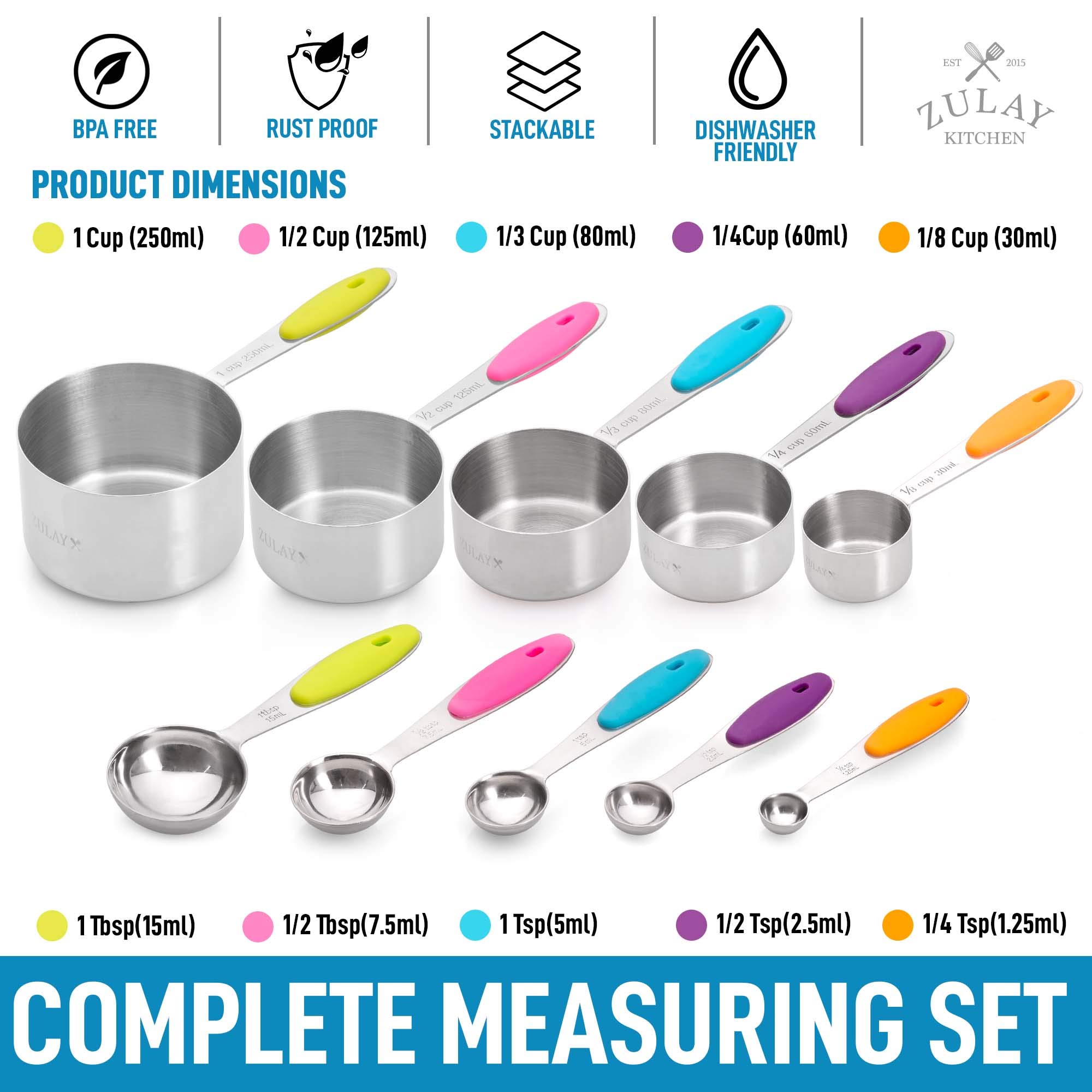 Premium Stainless Steel Measuring Cups and Spoons Set of 10 - Stackable Dry & Liquid Measuring Cups with Ergonomic Silicone Handles - Perfect for Baking, Cooking, and Meal Prep - Essential Kitchen Tools for Home Chefs and Bakers