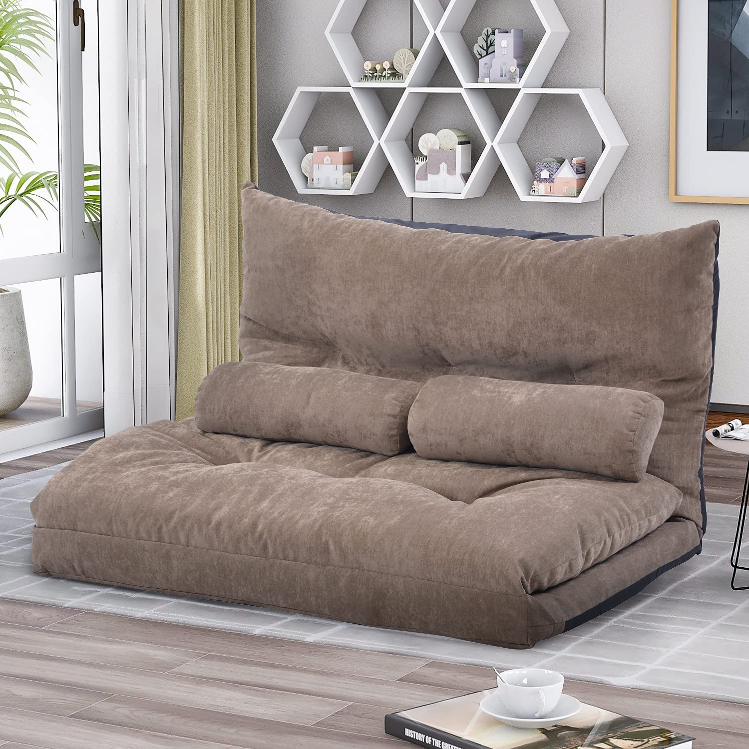 Harper & Bright Designs Adjustable Floor Sofa Couch with 2 Pillows - Foldable Lazy Sofa Sleeper Bed for Reading, Gaming & Sleeping (Light Brown) | Perfect for Small Spaces, Living Rooms & Dorm Rooms