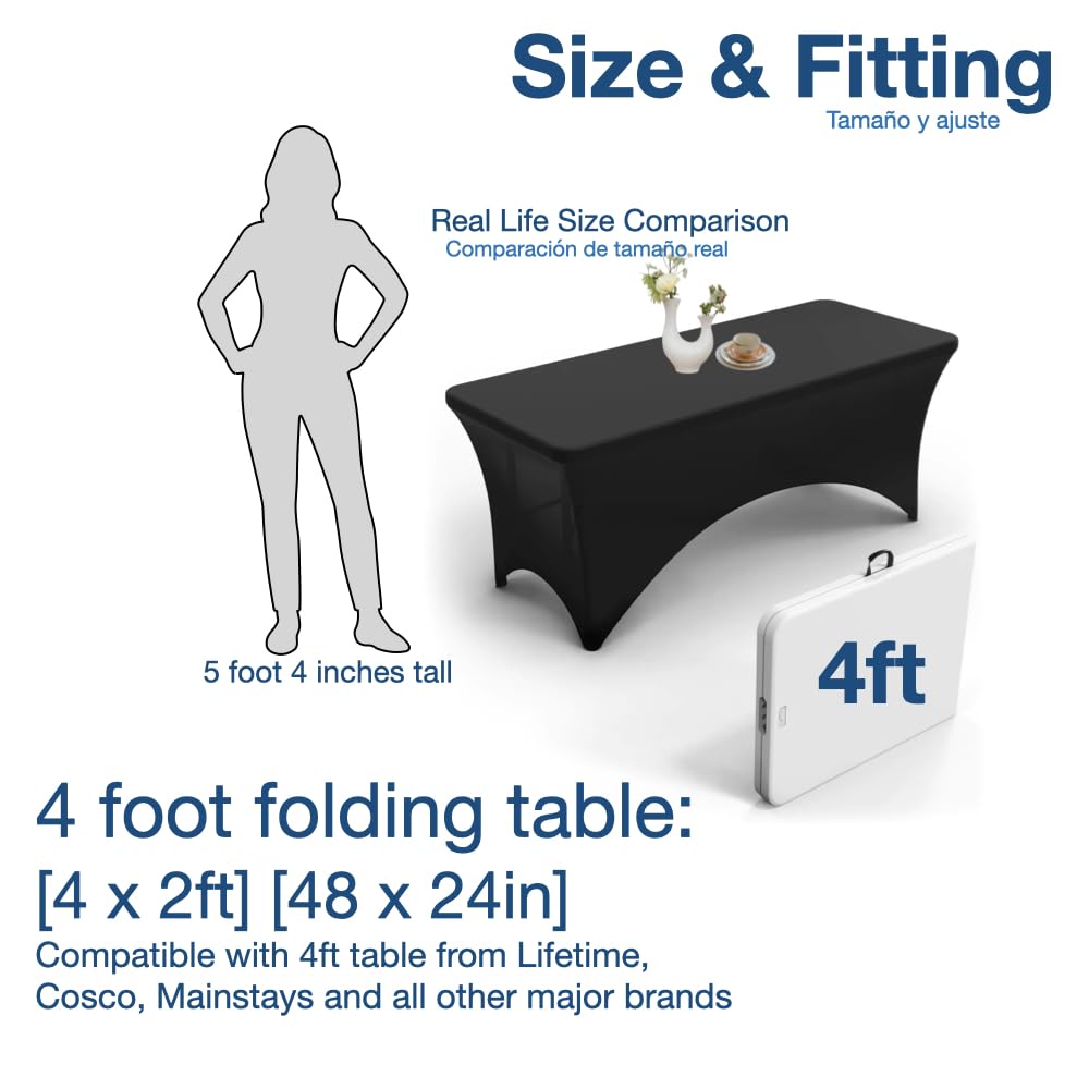 Stretchable Elastic Tablecloth for 4ft Rectangle Tables - Fits Lifetime, COSCO & Mainstays Folding Tables - Heavy Duty Wrinkle Resistant Spandex Fabric - Black Table Cover for Parties, Weddings & Outdoor Events