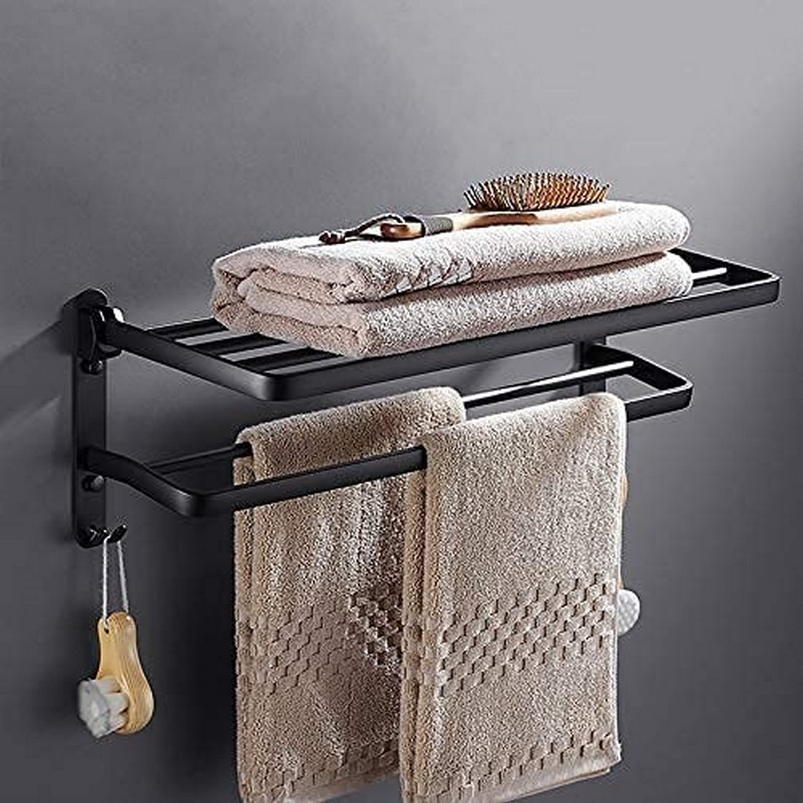 Foldable Chrome & Aluminum Towel Rack - 40cm Wall-Mounted Space Saving Bathroom & Kitchen Organizer with Hooks | Waterproof Durable Design for Towels, Robes & Kitchen Linens