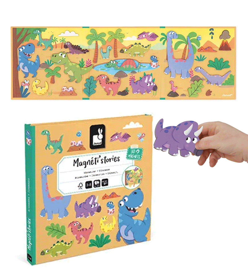 Janod Magnetic Dinosaurs Story Set - Interactive Magnetic Toy for Kids, Educational Dinosaur Playset for Creative Storytelling | Perfect for Preschool Learning & Bedtime Play