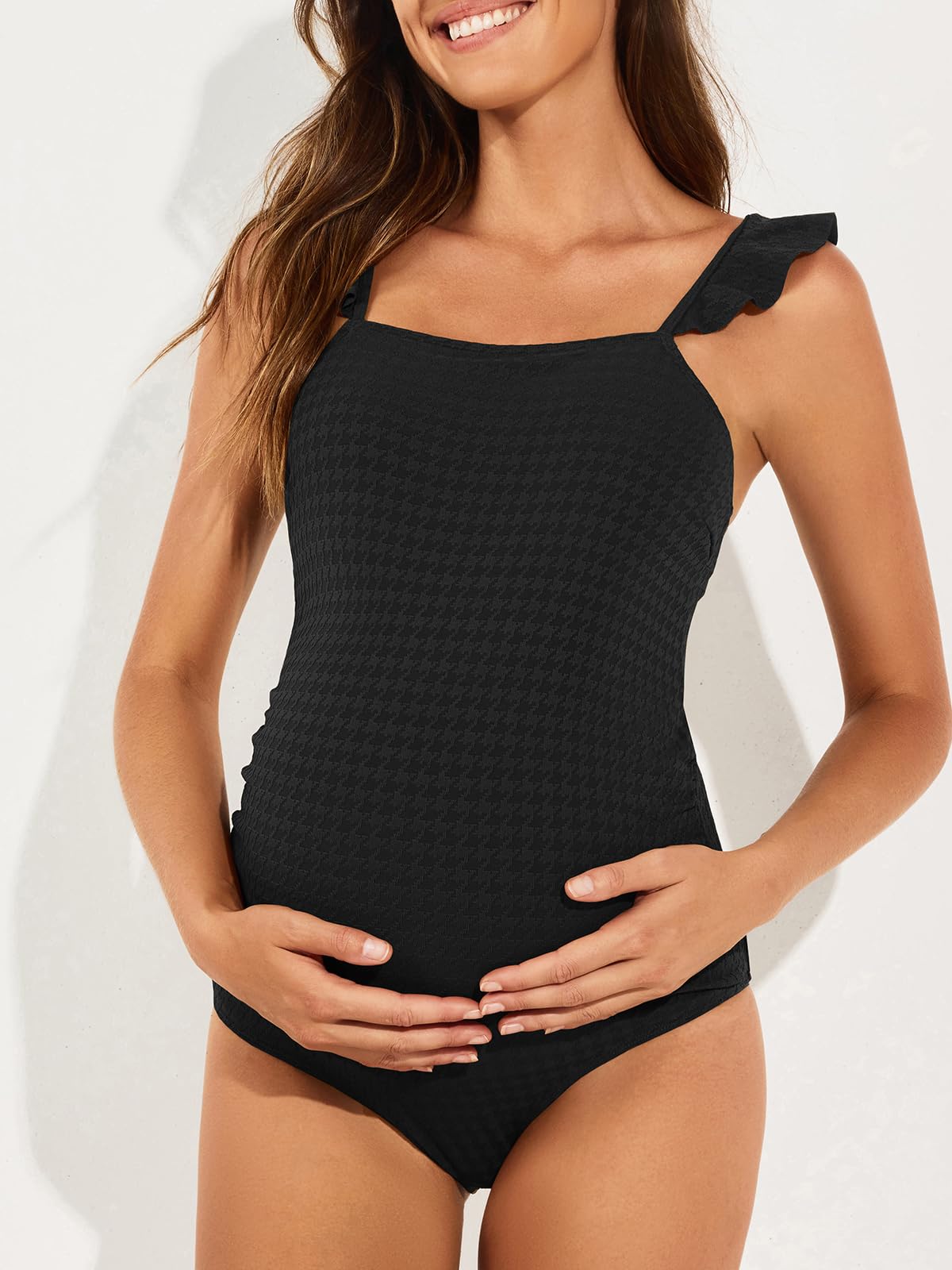 Summer Mae Maternity One Piece Swimsuit - Ruffled Square Neck High Waisted Pregnancy Swimwear with Cut Out Back | Perfect for Beach, Pool & Maternity Photoshoots