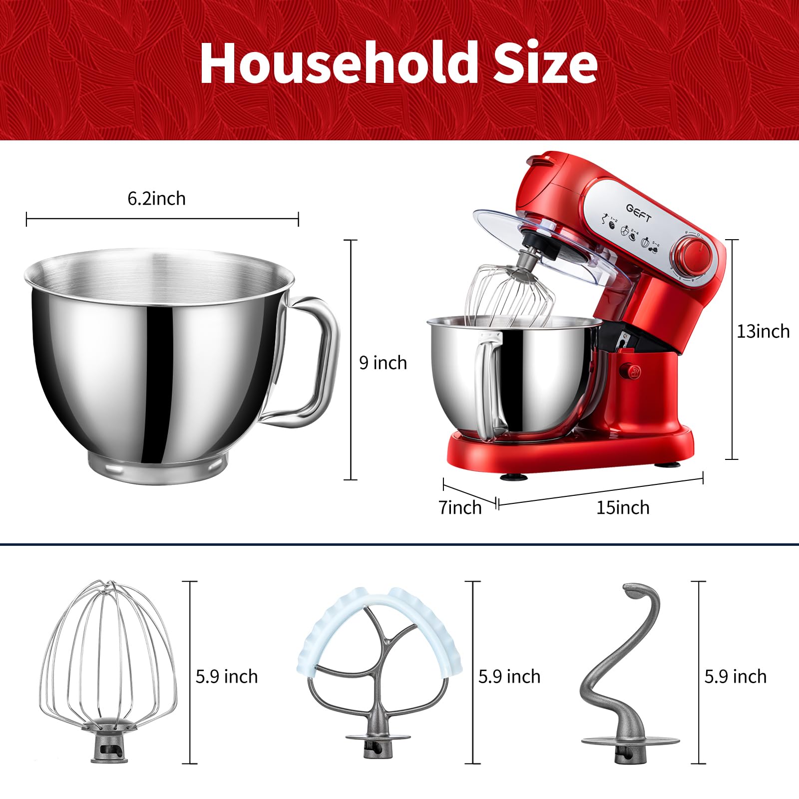 6 QT 600W Tilt-Head Stand Mixer - Powerful Electric Kitchen Mixer with Stainless Steel Bowl, Dishwasher-Safe Dough Hook, Flat Beater & Wire Whisk - Perfect for Baking Bread, Cakes, Cookies & More (Red)