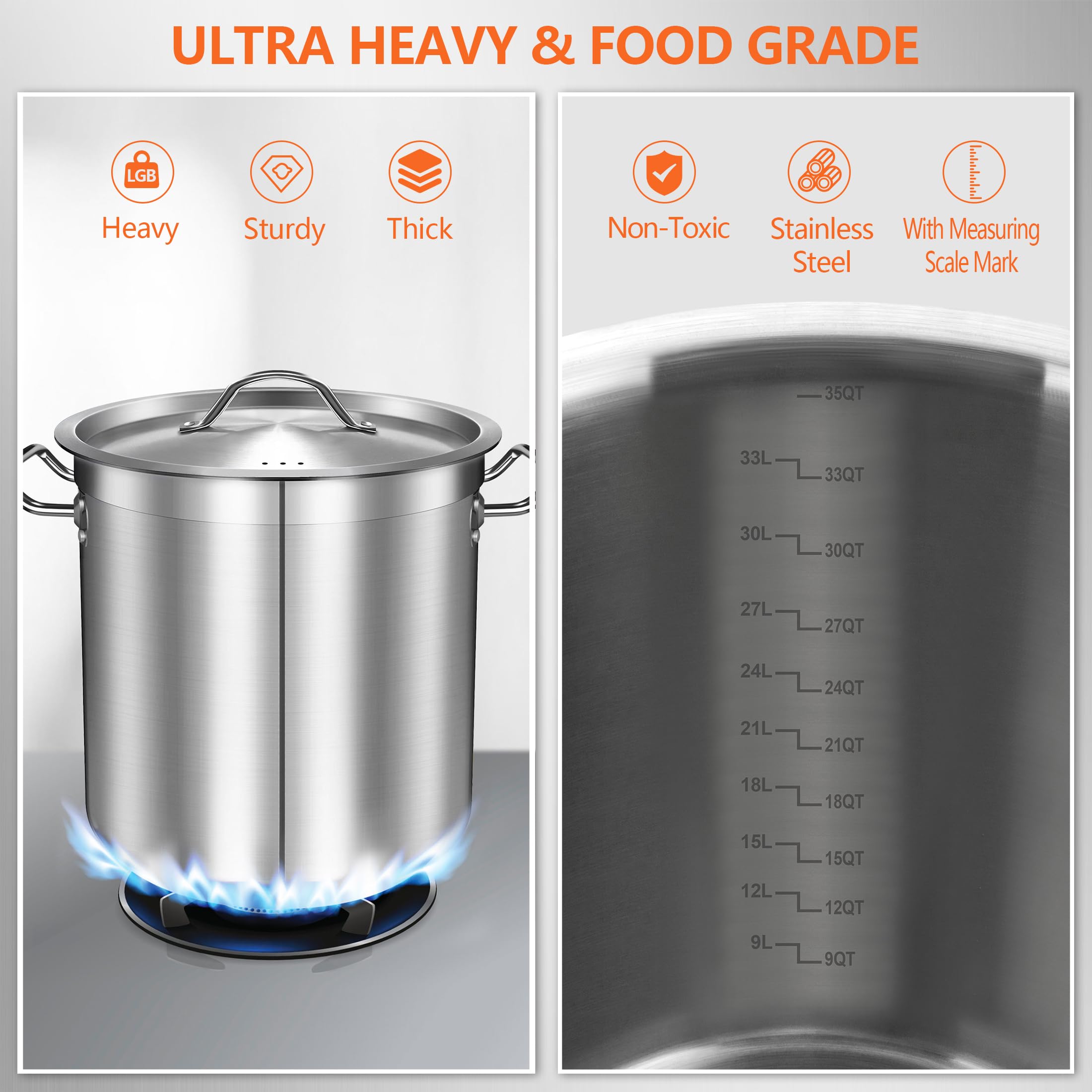 35 Quart Stainless Steel Stock Pot with Lid - Large Induction Compatible Cooking Pot for Soups, Stews, Pasta & Pozole - Perfect for Home Kitchens & Commercial Restaurants - Great for Meal Prep, Catering & Large Family Gatherings