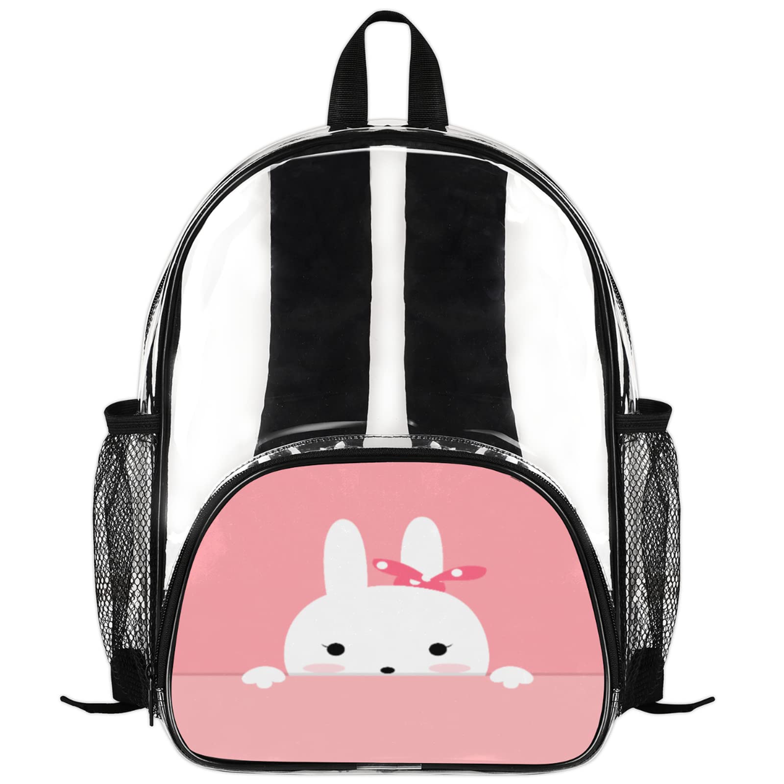 Clear PVC Backpack with Cartoon Rabbit Design - Heavy Duty Transparent School Bag for Women, Men, Boys & Girls - Waterproof Lightweight Bookbag for School, Stadium, Concert & Travel - See Through Backpack for Security Checks & Event Entry