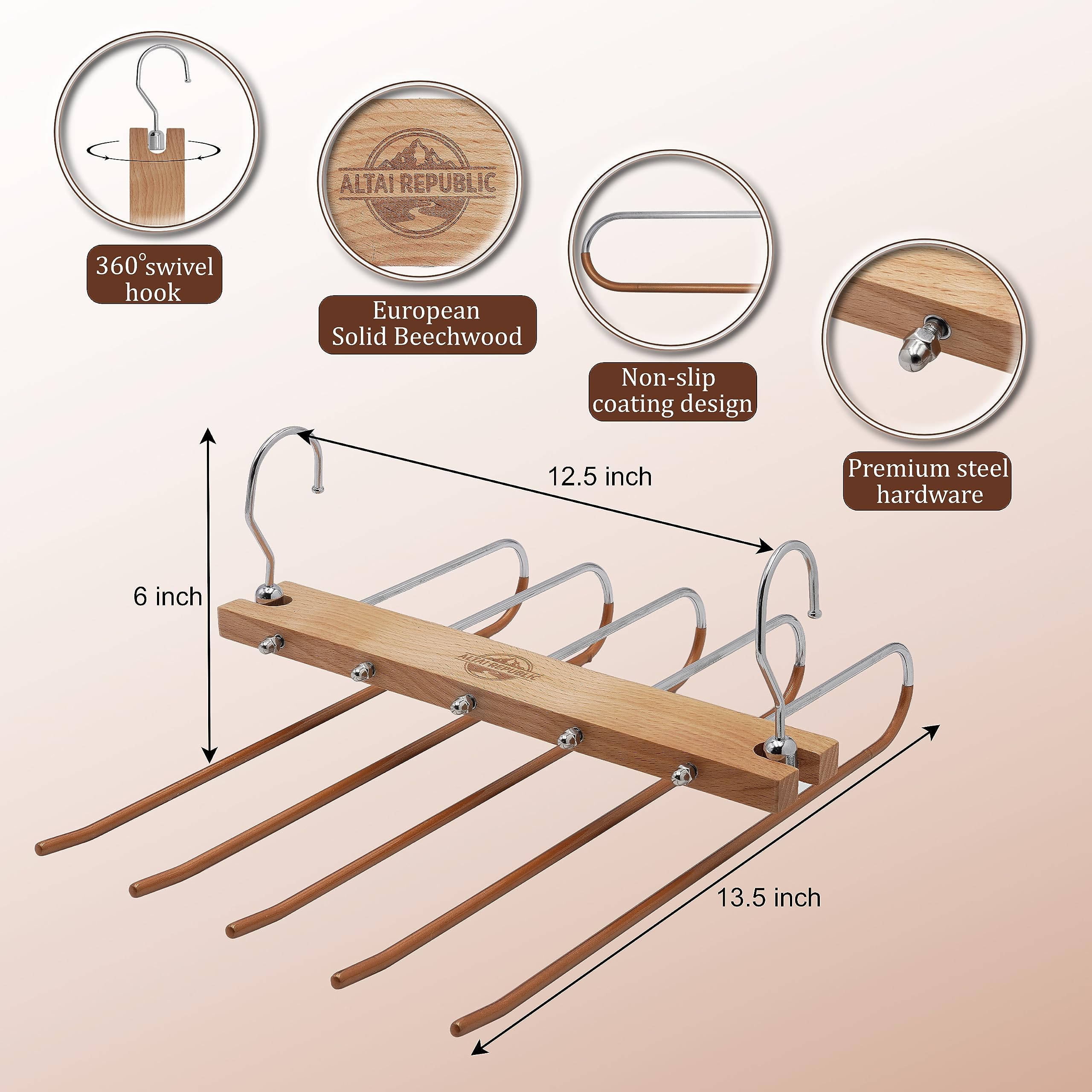 Space-Saving 5-in-1 Wooden Pants Hangers for Closet - Stainless Steel Extendible Jean & Trouser Hangers - Multi-Functional Magic Wardrobe Organizer (Natural Wood) - Perfect for Small Spaces, Travel & Home Closet Organization