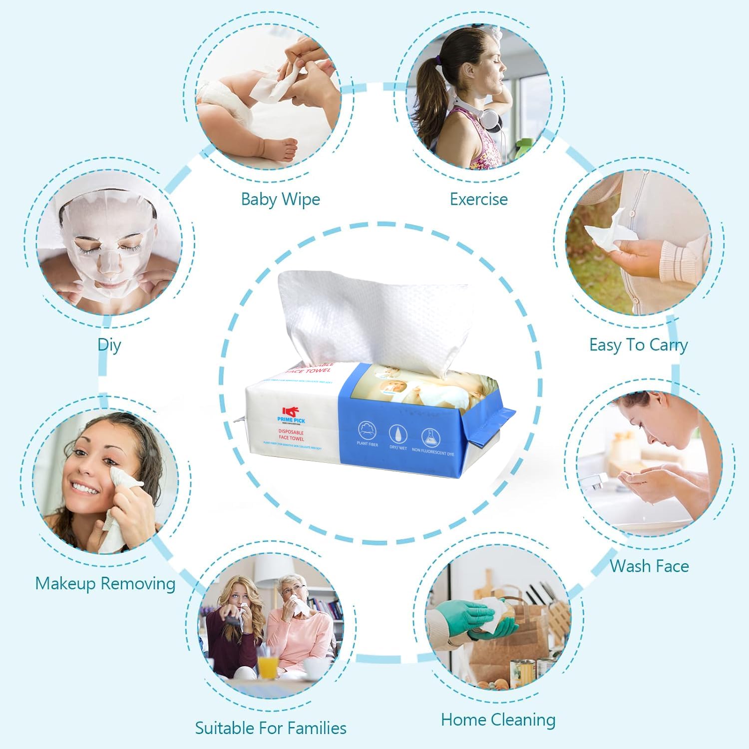 PRIME PICK Disposable Face Towels 50 Count - Soft Cotton Facial Wipes for Skin Care, Makeup Remover & Cleansing | Gentle & Hypoallergenic for Daily Use, Travel & Gym