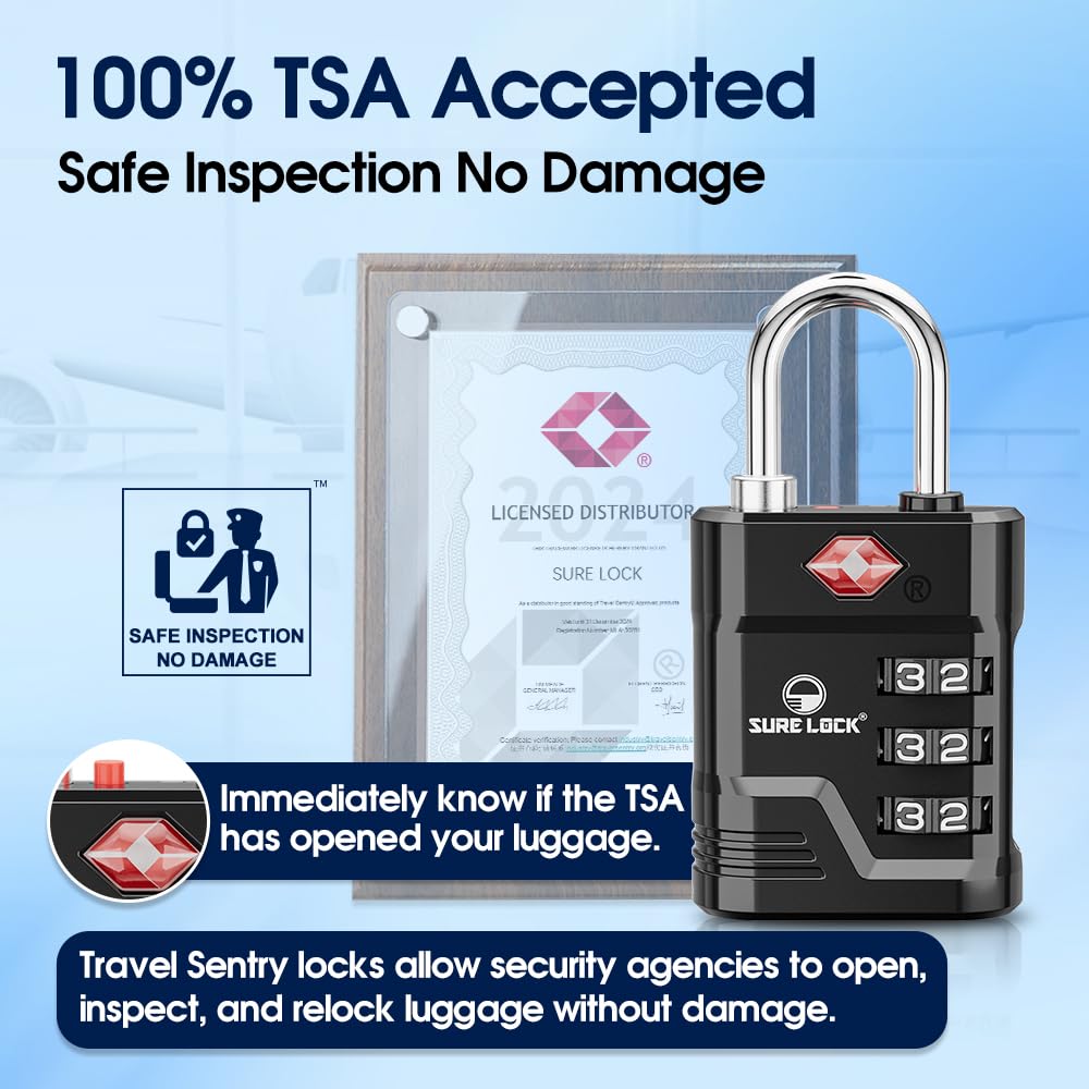 SURE LOCK TSA Approved Luggage Locks (2-Pack, Black) - High Security Travel Locks with Open Alert, Easy Read Dials & Zinc Alloy Body - Perfect for Suitcases, Gym Lockers & Airplane Travel