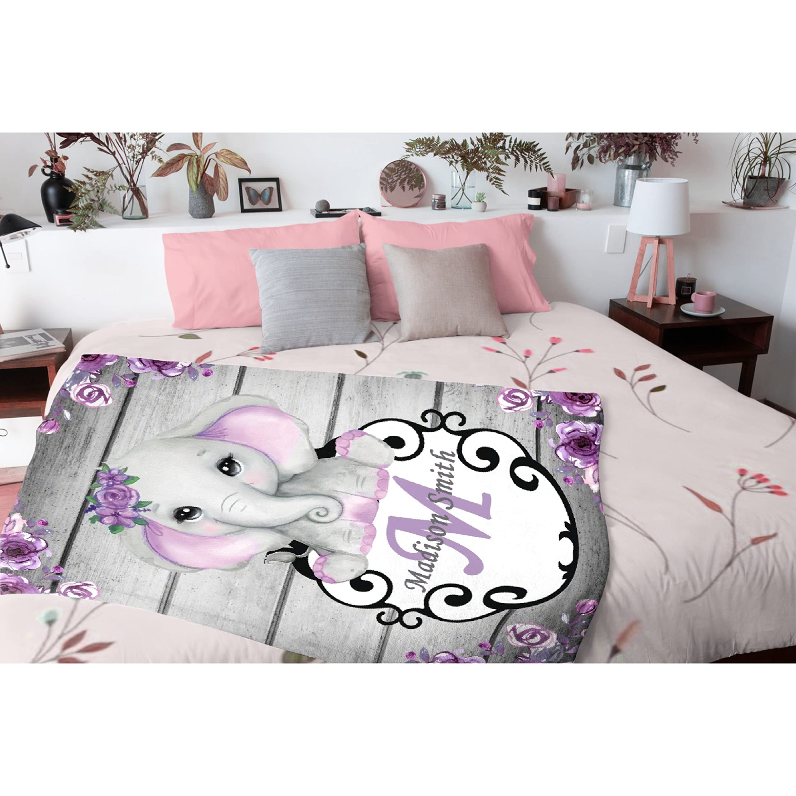 Personalized Custom Baby Blanket with Name - Purple Floral Elephant Fleece Blanket for Girls & Boys | 120x90 Inch Large Baby Shower Gift for Daughter, Granddaughter, Niece | Perfect for Nursery, Stroller, and Family Photo Props