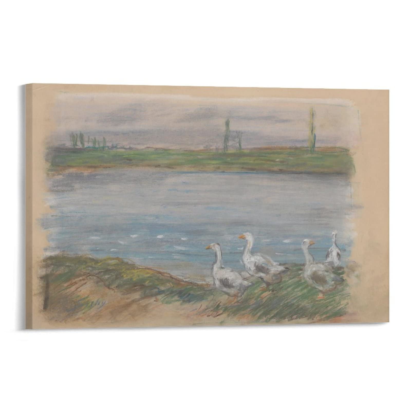 Alfred Sisley 'Four Geese By A Pond' 19th Century Art Reproduction - Premium Canvas Wall Art Print Poster (24x36 Inch/60x90cm) Framed or Unframed - Perfect for Living Room, Bedroom & Office Decor - Vintage Landscape Painting Gift for Art Lovers