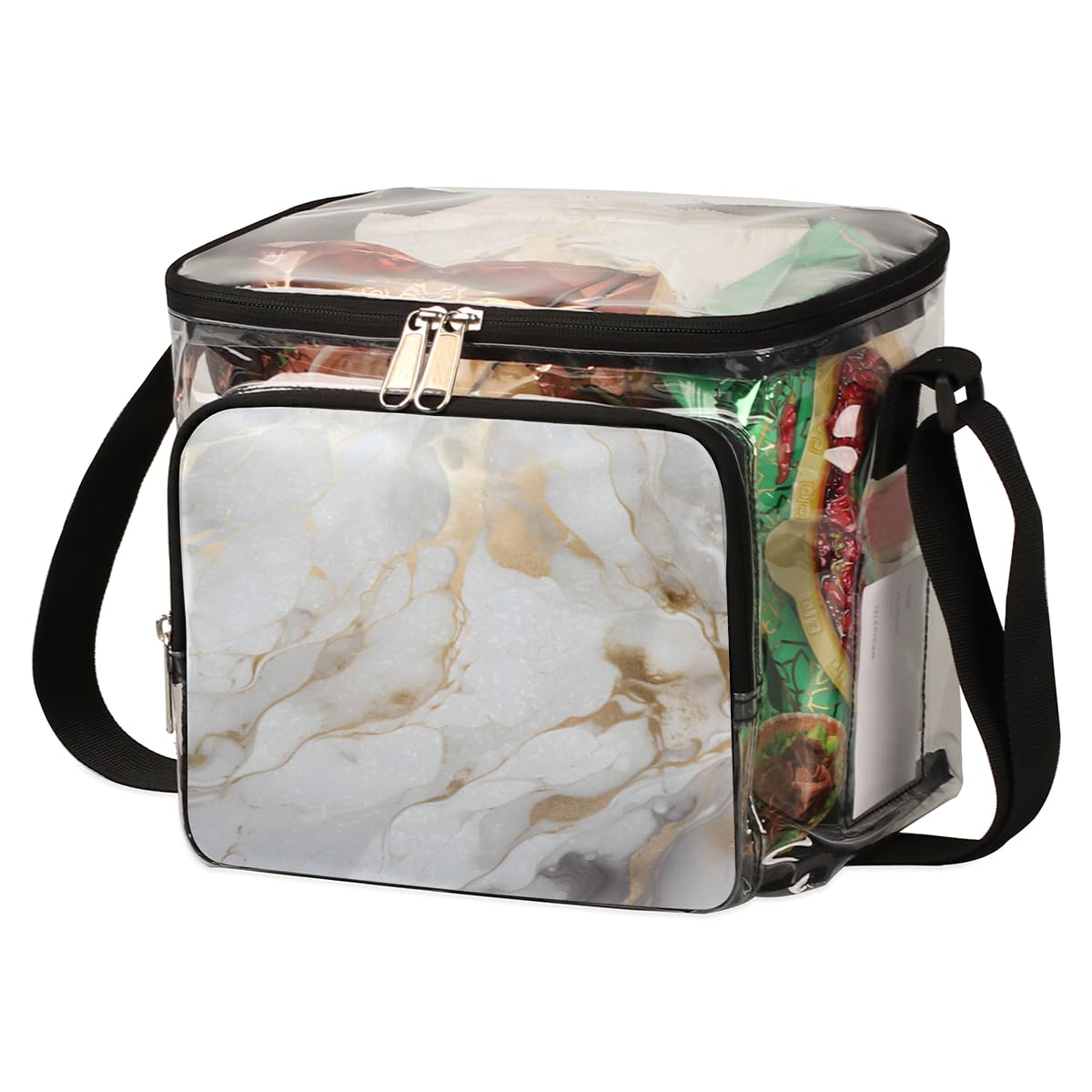 GzLeyigou White Gold Marble Clear Tote Bag with Handles - Transparent Crossbody Shoulder Bag for Women, Art Painting Design Lunch Purse - Perfect for Outdoor Travel, Picnic, Concerts, Sports Events & Stadium Approved (Multi-Use)