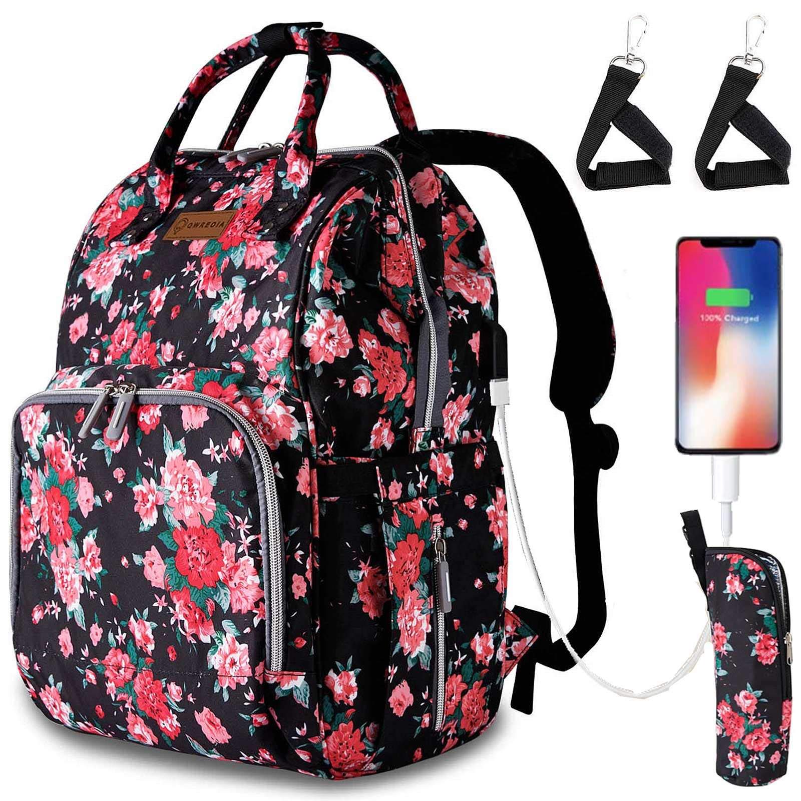 Floral Diaper Backpack for Women - Waterproof Baby Bag with USB Charging Port, Stroller Straps & Insulated Bottle Pocket - Large Travel Nappy Backpack for Moms (Red Flower Pattern) | Perfect for Daycare, Park Outings & Family Trips
