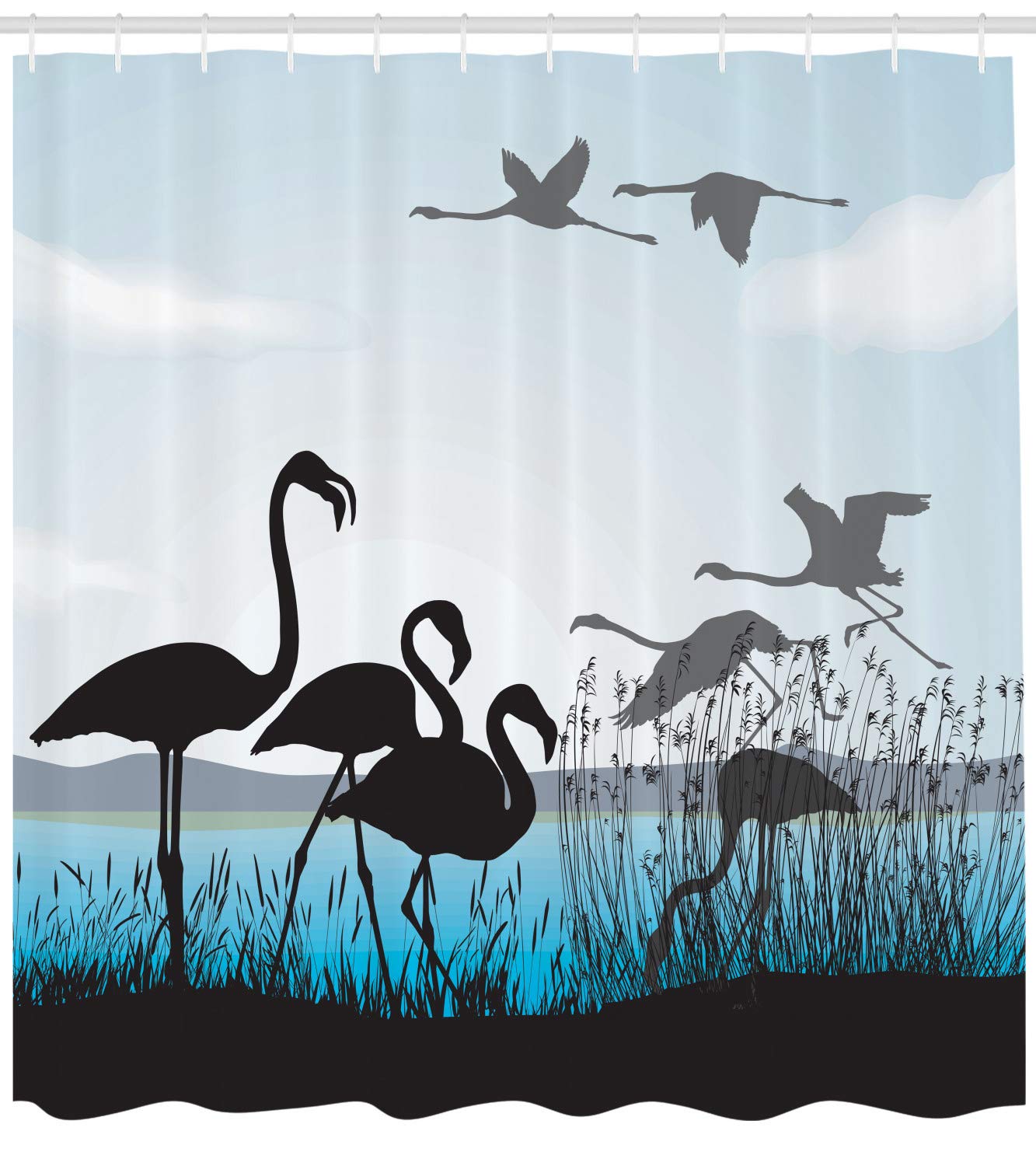 Ambesonne Flamingo Shower Curtain - Tropical Flamingo Silhouettes Walking & Flying with Waterfront River Reed Bed Design - 69x70 Inch Aqua Grey Bathroom Decor Set with Hooks - Perfect for Beach House, Tropical & Coastal Themed Bathrooms