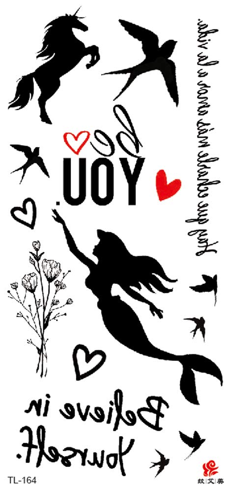 Heart Mermaid Unicorn Temporary Tattoo Stickers - Waterproof Fake Tattoos for Halloween, Costume Parties, Festivals & Body Art Makeup - Fun Designs for Kids, Teens & Adults