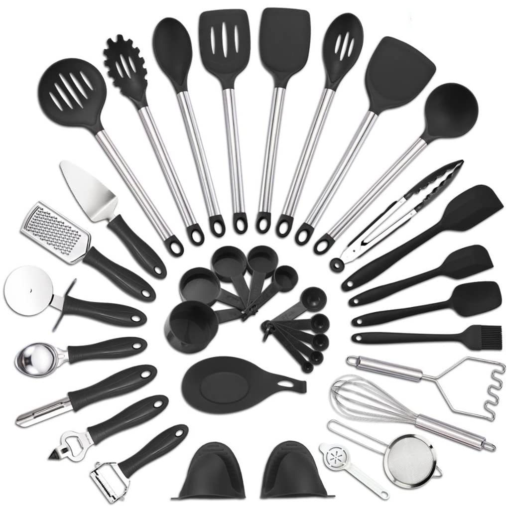 37-Piece Kitchen Utensil Set - Nonstick Silicone & Stainless Steel Cooking Tools with Spatula, Baking Accessories - Perfect Gift for Home Chefs (Black) - Ideal for Baking, Frying, and Everyday Cooking