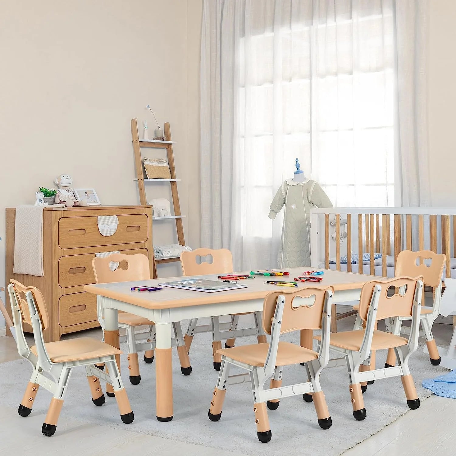 Arlopu NE1460 Adjustable Kids Table and 6 Chairs Set - Perfect for Playroom, Classroom & Homeschooling - Durable Children's Furniture for Learning & Play