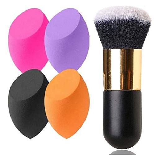 UrbanMac Black Blush Brush with 4 Blending Sponges - Dual Use for Dry & Wet Makeup Application (Color May Vary) | Perfect for Contouring, Foundation Blending & Professional Makeup Kits