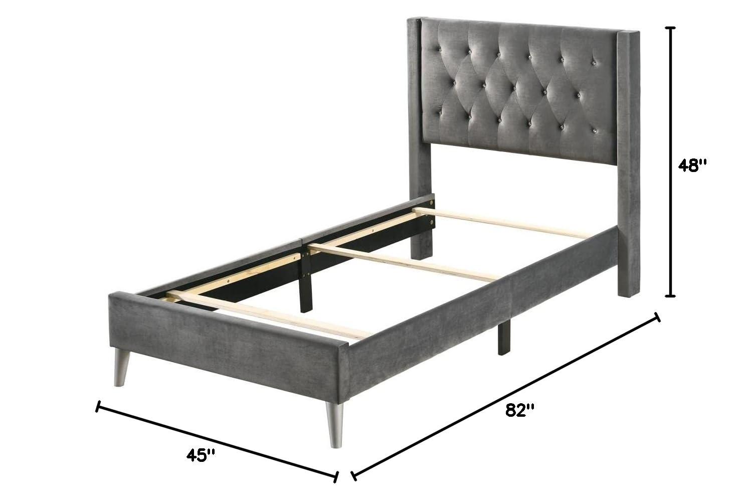 Carell Furniture Modern Velvet Upholstered Twin Bed Frame - Gray Contemporary Bedroom Furniture for Small Spaces & Guest Rooms