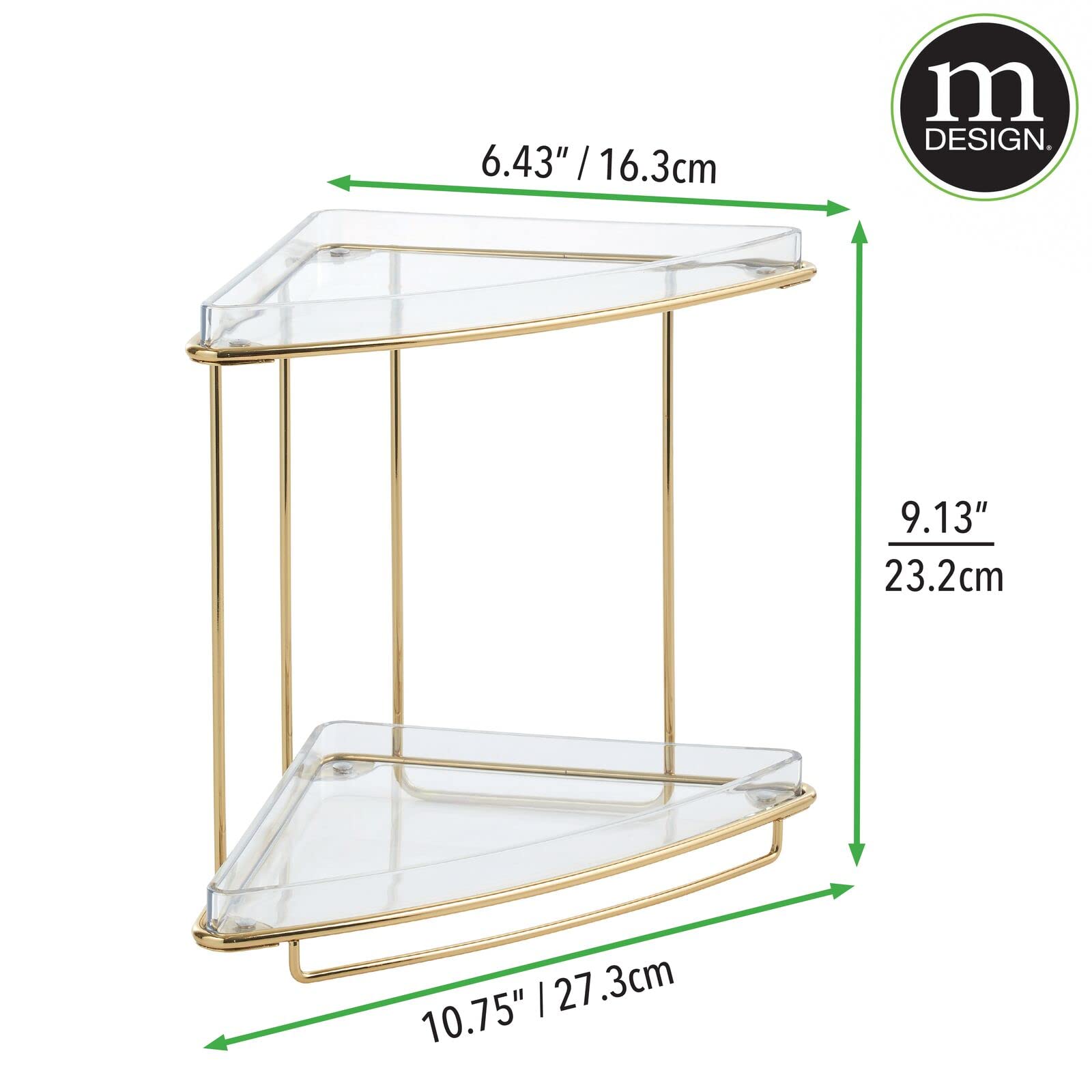 2-Tier Freestanding Corner Shelf Organizer - Steel/Plastic Bathroom Storage for Makeup, Bath Gel & Toiletries - Clear/Soft Brass Prism Collection - Perfect for Vanity, Cabinet & Countertop Organization