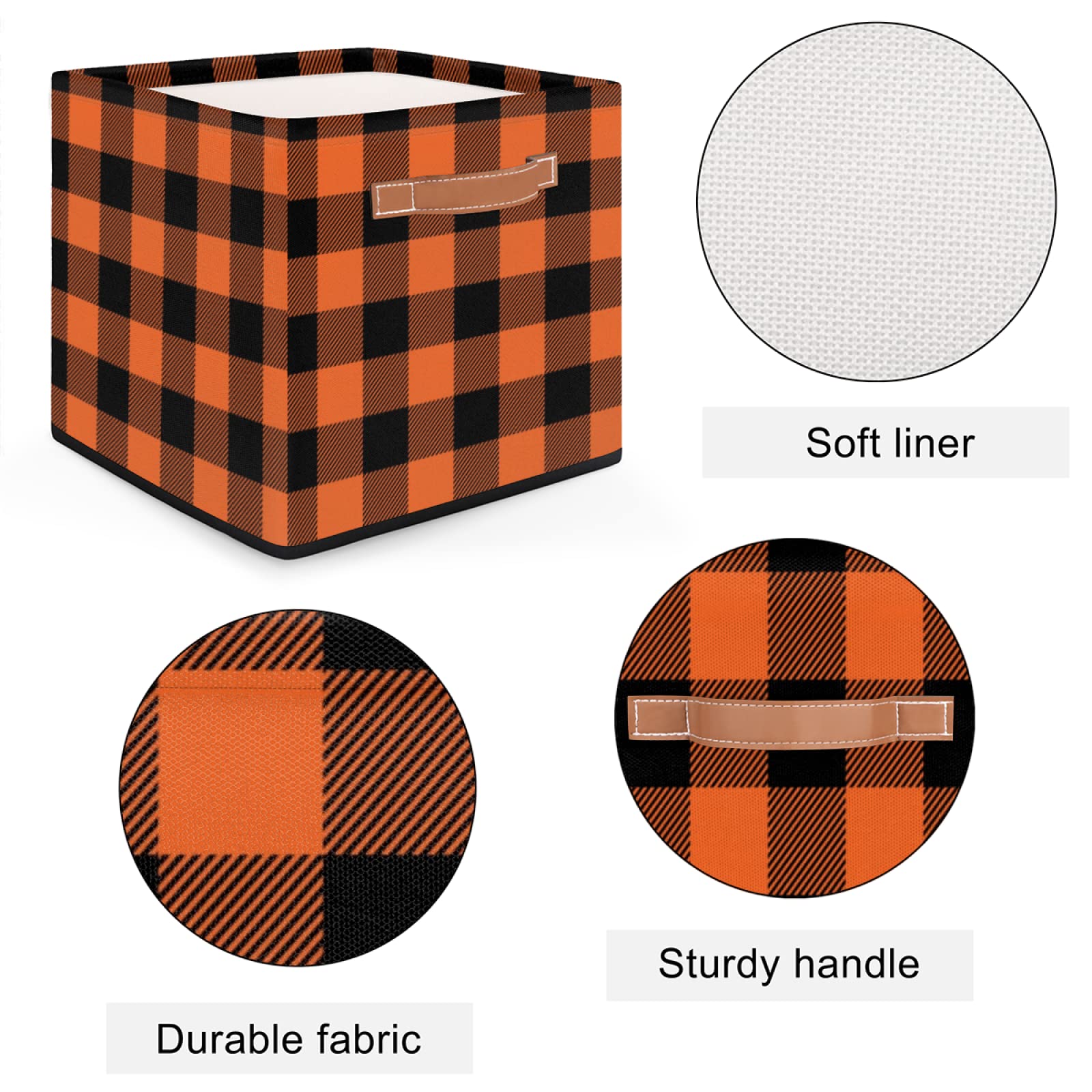 AUUXVA 13x13 Inch Large Collapsible Storage Cube Bin - Orange Black Plaid Check Fabric Basket with Handles for Home Organization | Perfect for Closet Shelves, Nursery Toys, Bedroom & Living Room Storage