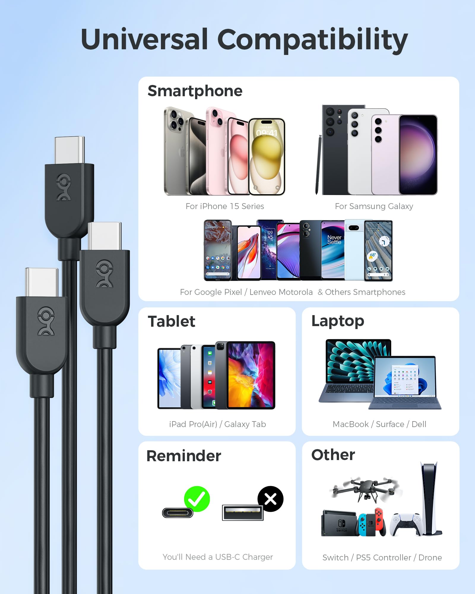 Cable Matters 2-Pack 240W USB C Fast Charging Cable 3ft - Ultra Flexible & Durable USB-C to USB-C Cable for MacBook Pro, iPad Pro, iPhone 15 Pro, Apple Vision Pro | Perfect for Home, Office & Travel Charging (USB 2.0, No Video Support)