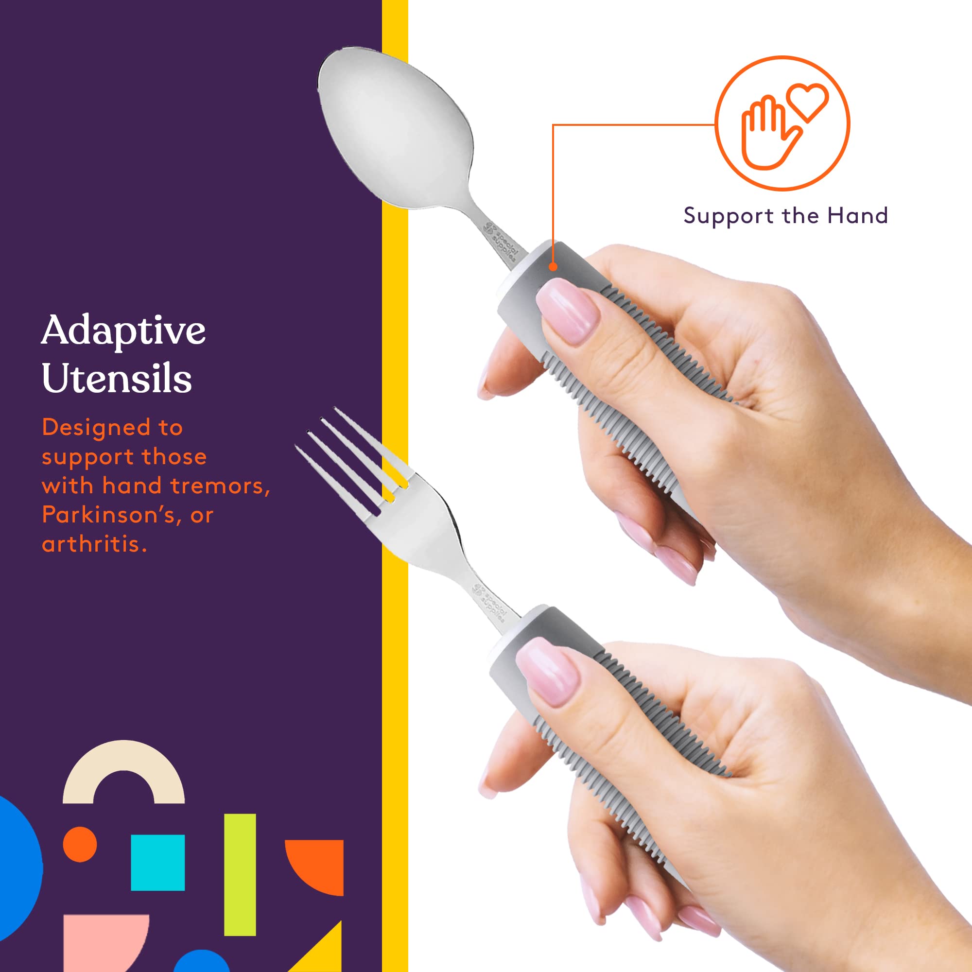 Special Supplies Adaptive Utensils (5-Piece Kitchen Set) - Wide Non-Slip Handles for Hand Tremors, Arthritis & Parkinson’s - Lightweight Ergonomic Silverware for Seniors & Disabled (Grey) - Ideal for Easy Eating & Independent Living
