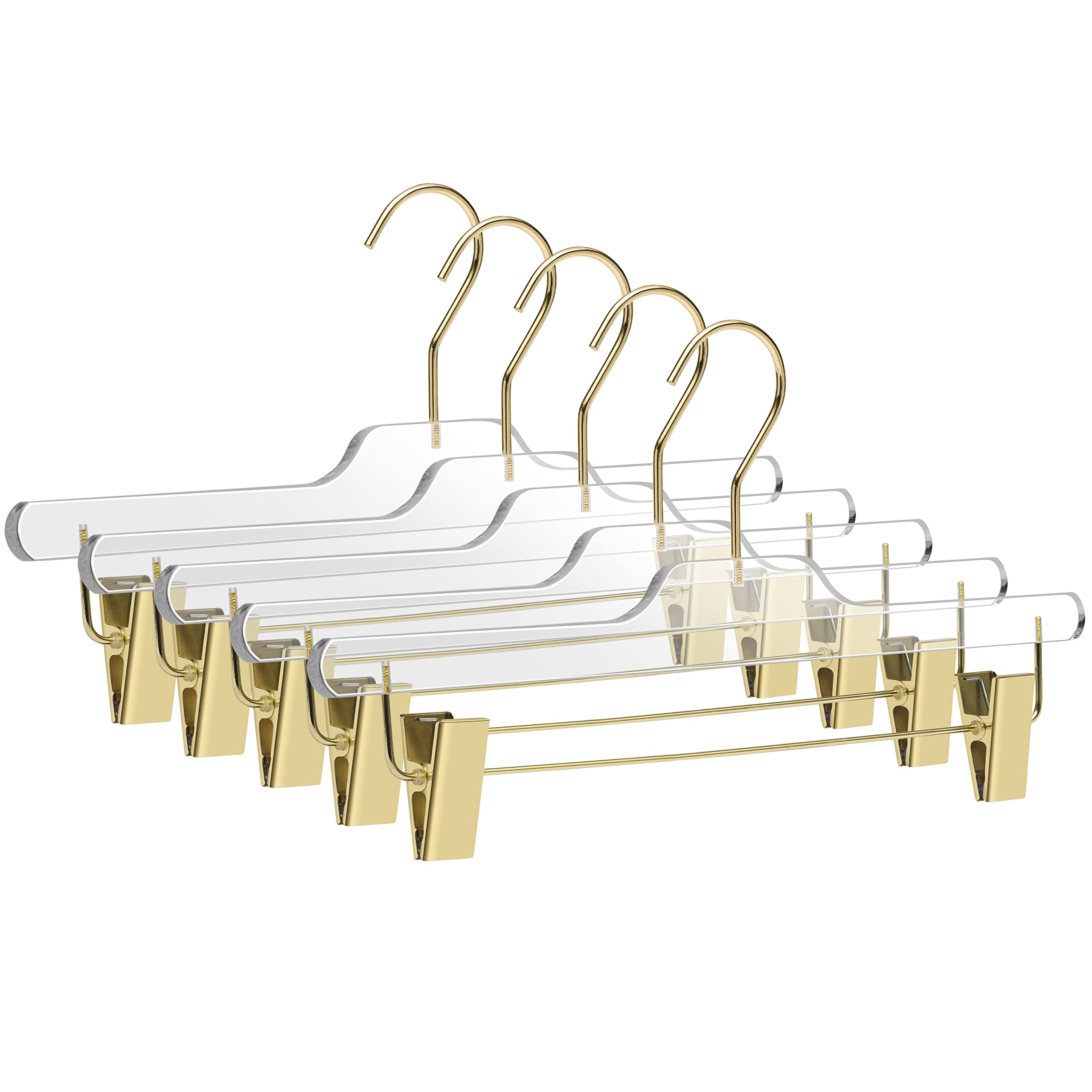 90-Pack Clear Acrylic Skirt & Pants Hangers with Adjustable Gold Metal Clips - Premium Lucite Trousers Hangers with Swivel Hook for Closet Organization - Perfect for Dresses, Skirts, Pants & Bottom Wear Storage