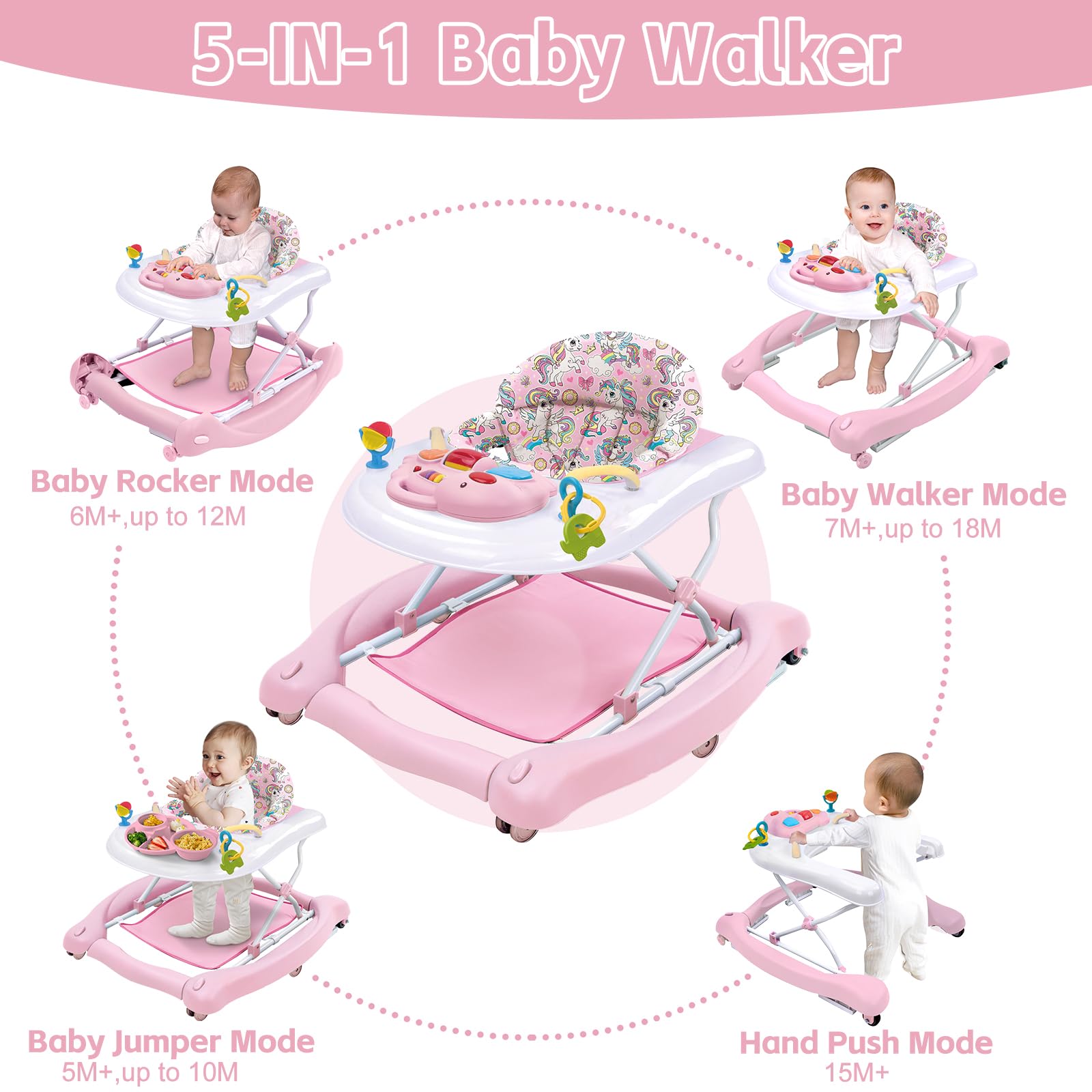 5 in 1 Foldable Baby Walker with Detachable Trampoline Mat - Adjustable Speed Wheels & Height for 6-18 Months (Pink) | Baby Bouncer, Rocker, Activity Center & Push Walker | Perfect for Playtime, Learning to Walk & Indoor Fun