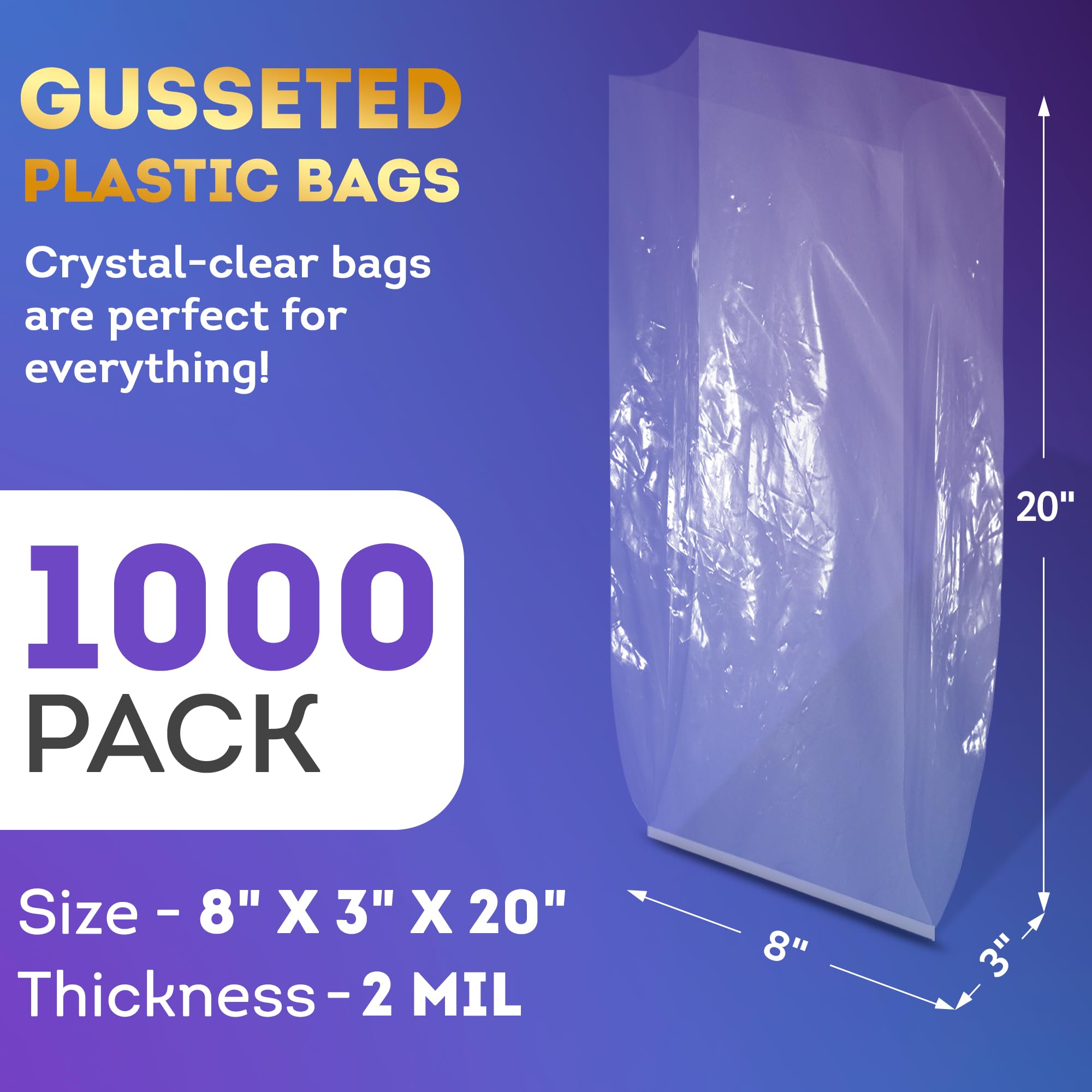 APQ Clear Gusseted Poly Bags 8x3x20 Inches - 1000 Pack Waterproof Flat Bottom Plastic Bags with Open Top - 2 Mil Thick Clear Packaging Bags for Popcorn, Cookies, Bread - Perfect for Party Favors, Bakery Storage & Retail Packaging