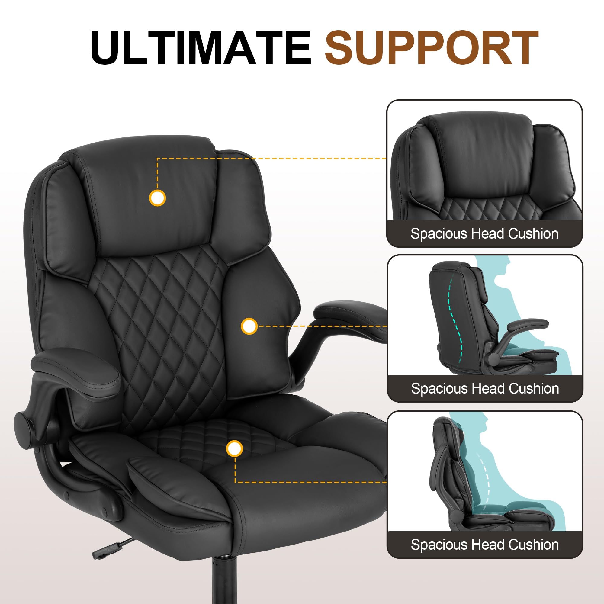 Premium Ergonomic Office Chair - Adjustable Mid Back Executive Leather Chair with Flip-Up Arms & Rocking Function for Home Office, Conference Room & Gaming (Black)