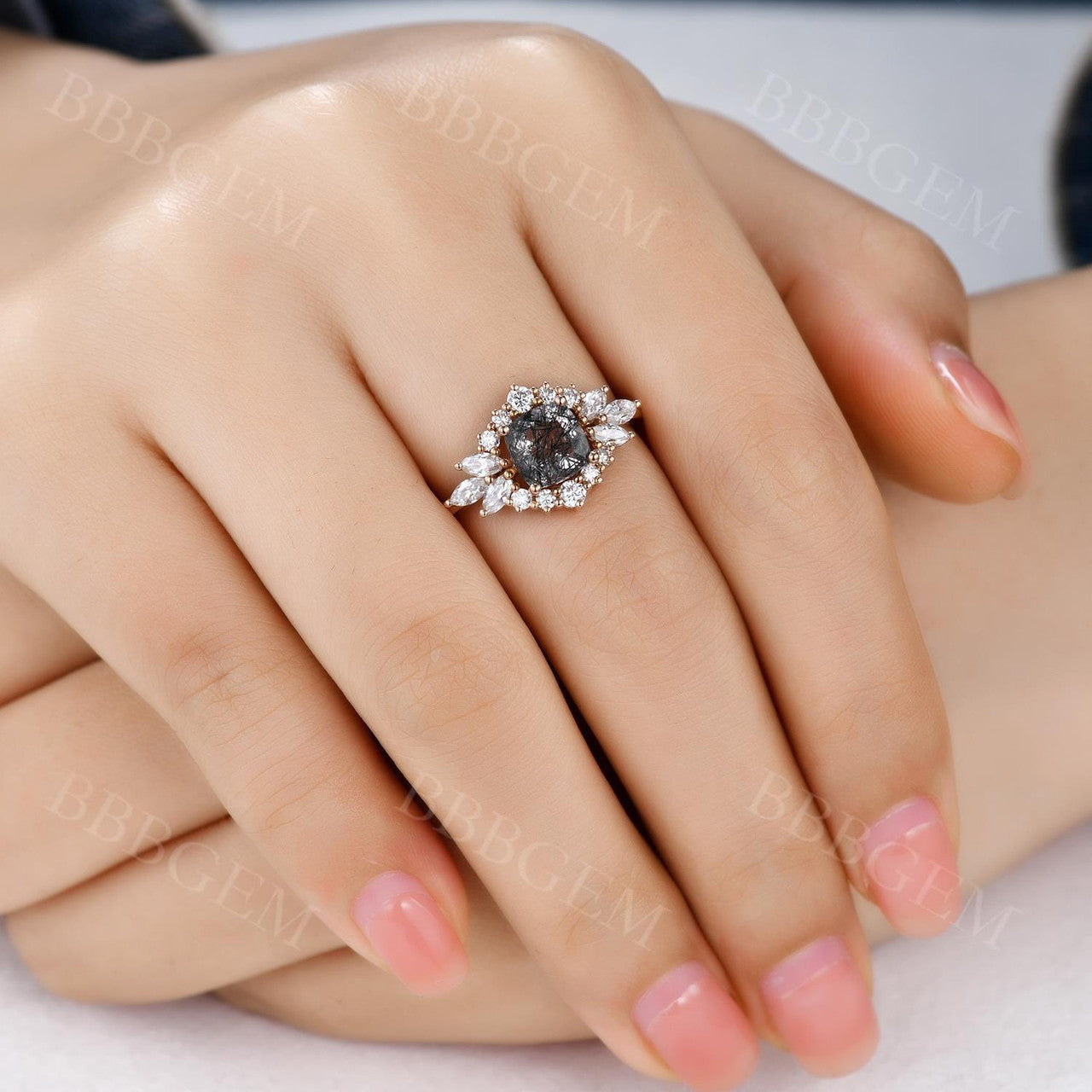Exquisite Cluster Moissanite Halo Cushion Ring with Black Rutilated Quartz & Tourmaline | Vintage Cocktail Jewelry for Women | Perfect for Evening Parties, Weddings & Special Occasions