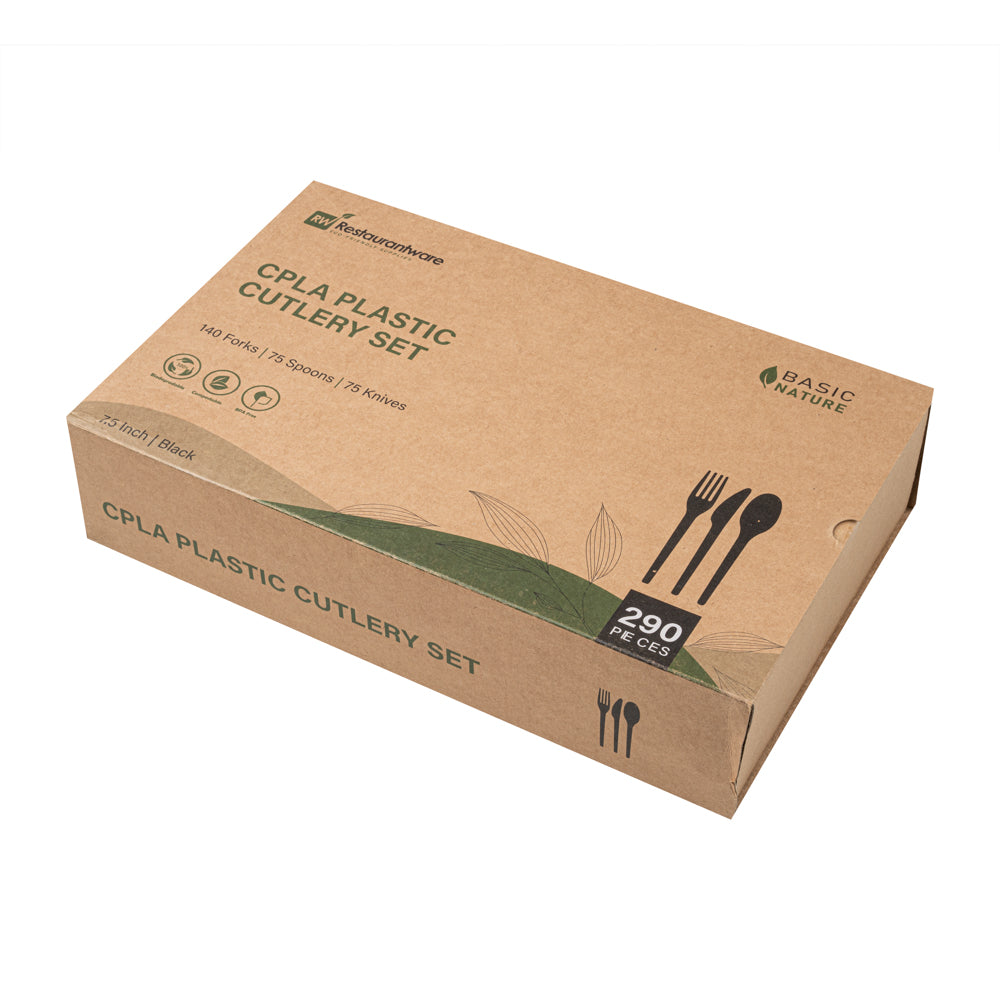 Eco-Friendly Black CPLA Plastic Cutlery Set - 290-Piece Heat Resistant, Compostable Cutlery (7.5