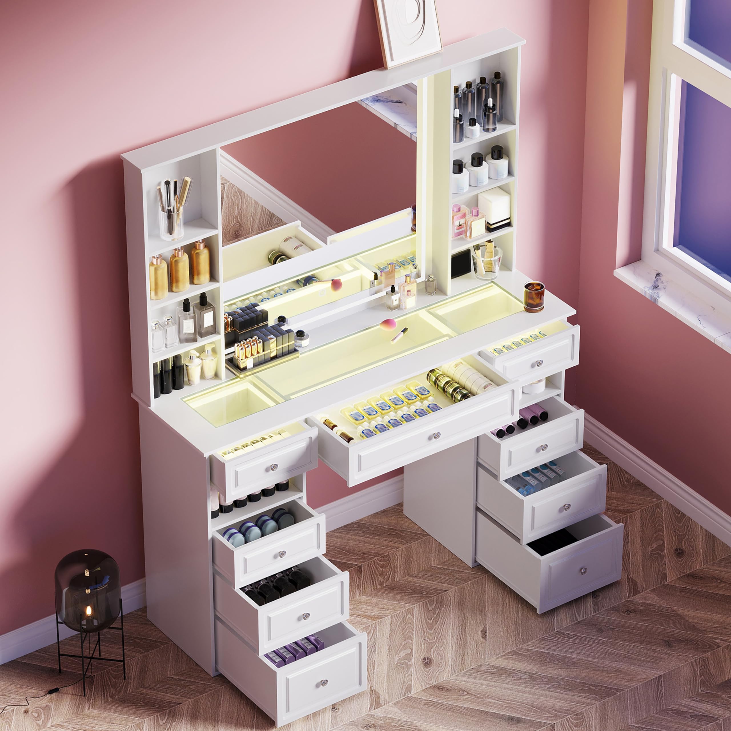 **Vanity Desk with Mirror and Lights - Glass Top Dressing Table with 9 Drawers, European Style Makeup Vanity, Crystal Ball Knobs, White & Glass Top - Perfect for Bedroom, Dressing Room, and Makeup Studio**