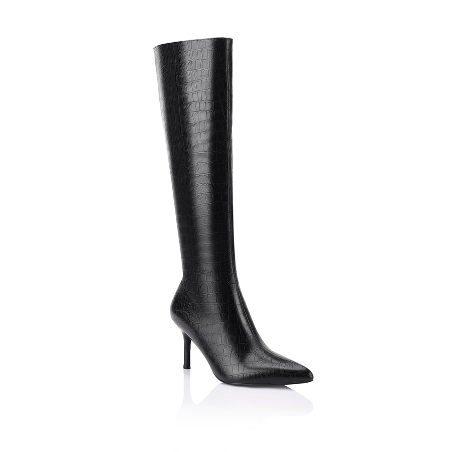 Bessie Women's Black Crocodile Print Tall Boots - Stylish Knee-High Boots for Winter, Fall & Casual Outfits