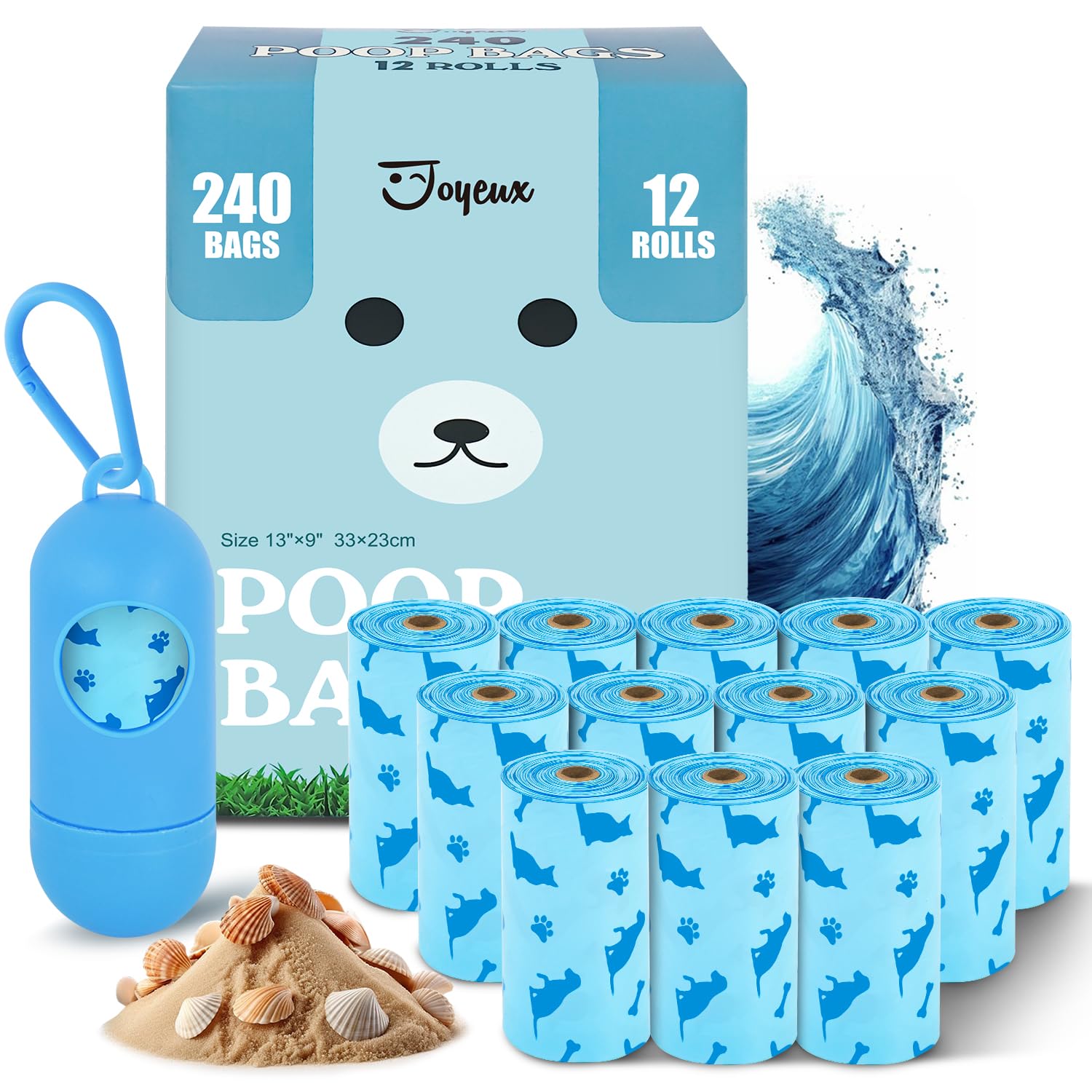 Joyeux 240 Count Ocean Scent Dog Poop Bags with Dispenser - Extra Thick, Leak-Proof Waste Bags for Dogs & Cats - Blue Pet Litter Bags for Outdoor Walks, Park Visits & Backyard Cleanup