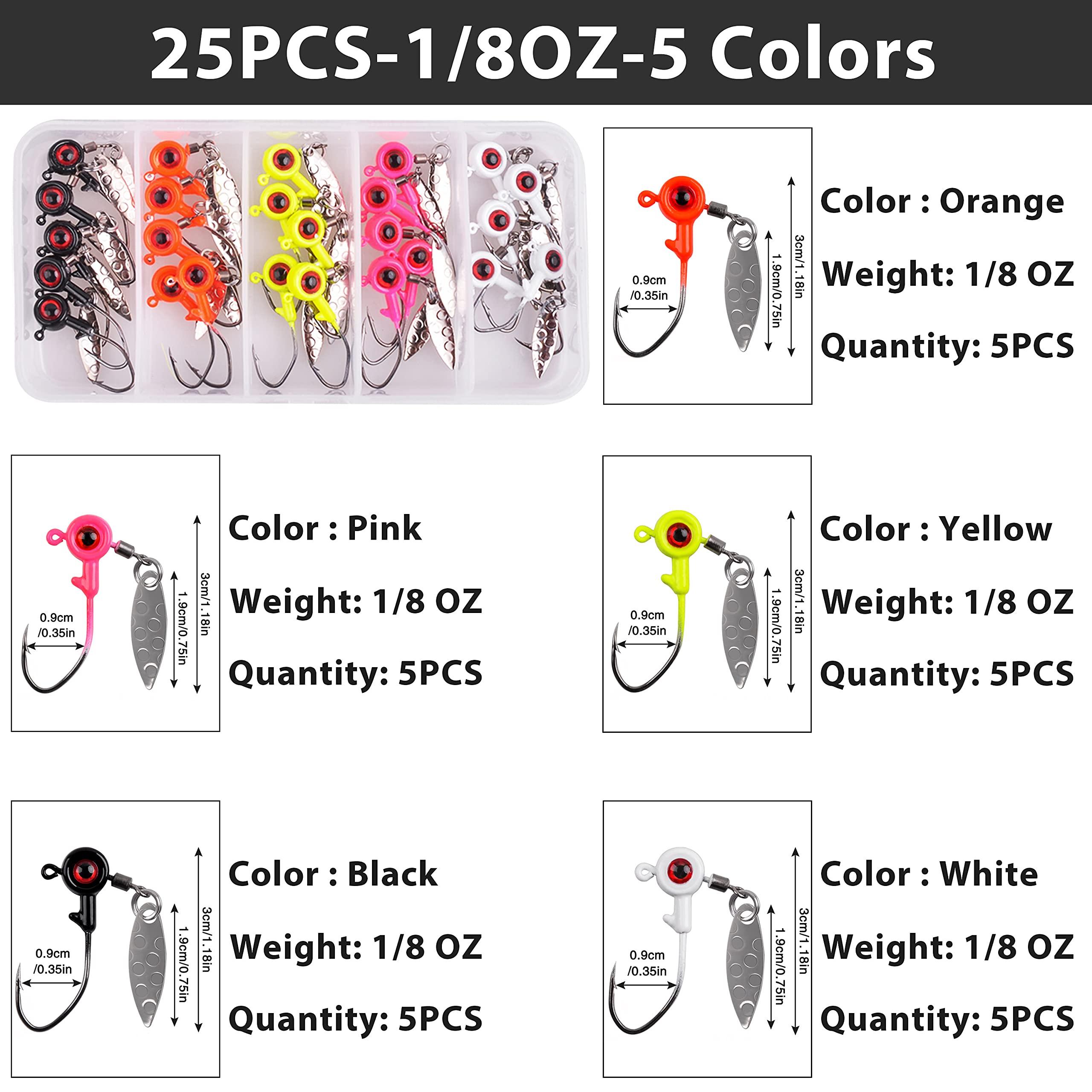25-50PCS Fishing Jig Heads Kit with Plastic Box - 3/16 1/8 1/16 oz for Bass & Crappie - Perfect for Freshwater Fishing