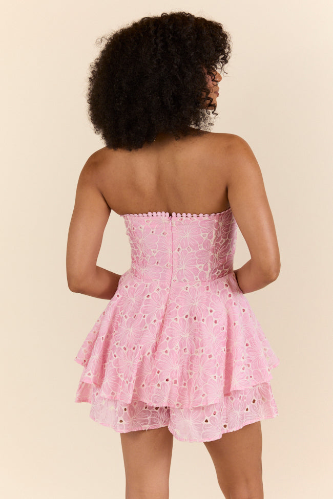 Sunlit Garden Pink Floral Lace Romper - Women's Summer Jumpsuit with Adjustable Straps | Perfect for Beach Vacations, Garden Parties & Date Nights