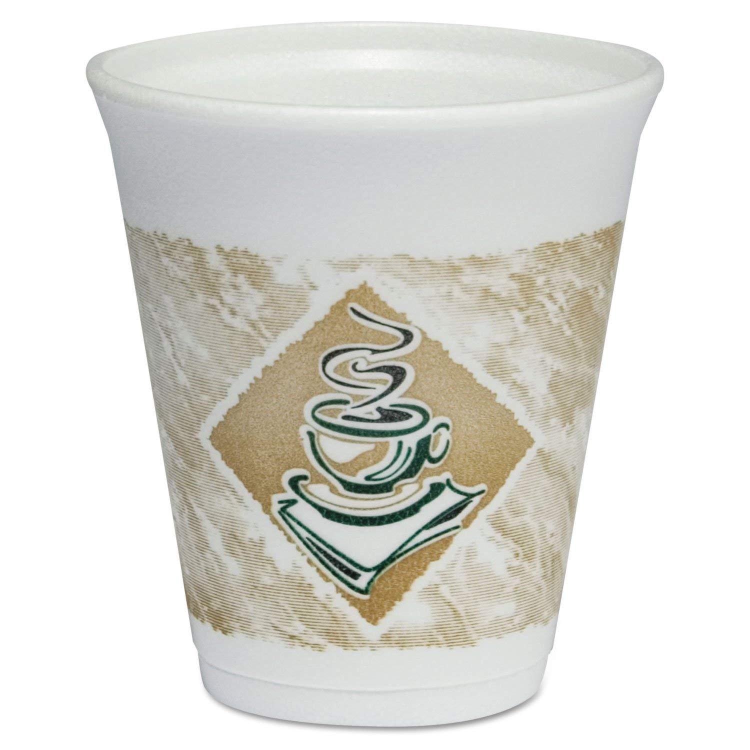 8oz Dart Foam Hot & Cold Cups - White with Brown & Green Design - 1000 Cups per Carton - Perfect for Coffee, Tea, and Beverages at Cafes, Offices, and Events