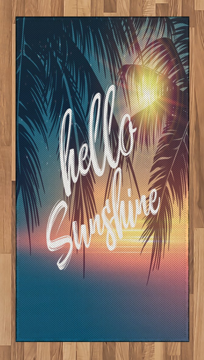 Ambesonne Hello Sunshine Tropical Beach Area Rug - Abstract Sunset & Palm Trees Design, Woven Accent Rug for Living Room, Bedroom, Dining Room - 2.6' x 5' Rainbow Colors - Perfect for Coastal & Boho Home Decor, Summer Vibes, Vacation Style