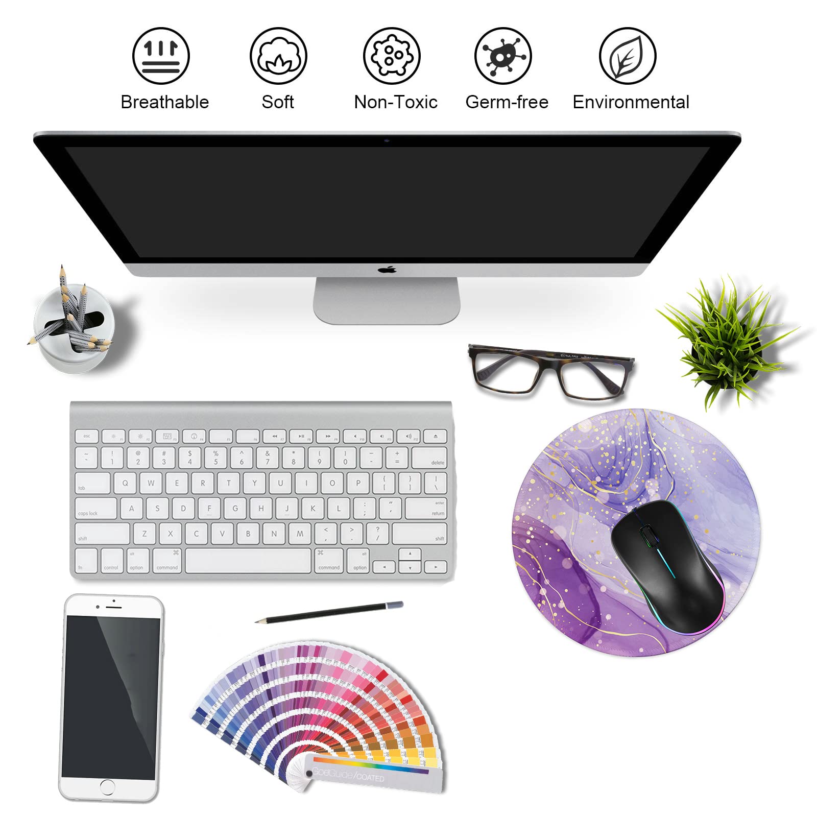 Premium Round Gaming Mouse Pad - Non-Slip Rubber Base with Stitched Edge (7.9x7.9 Inch) for PC, Laptop & Office - Marble Violet Golden Design - Perfect for Work, Gaming & Home Office Use