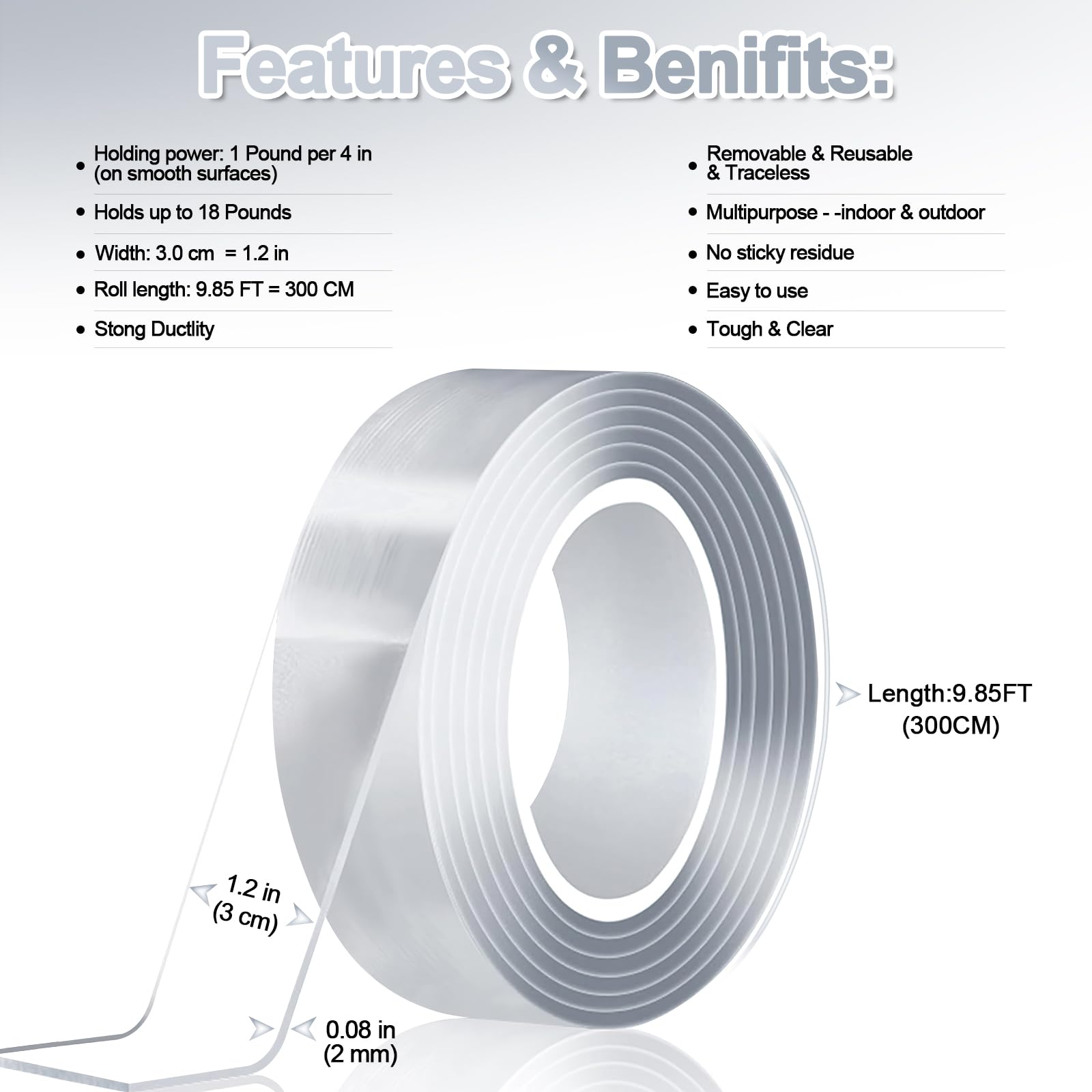 MEMX Nano Double Sided Tape Heavy Duty - 9.85FT Multipurpose Strong Mounting Tape, Reusable Removable Washable Traceless Gel Adhesive for Carpet, Poster, Wall Decor - Perfect for Home, Office & DIY Projects