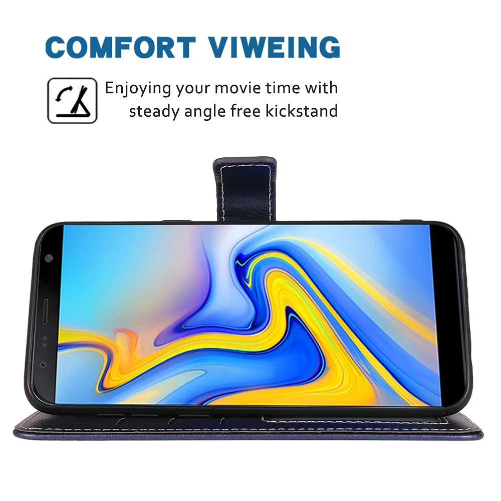 Samsung Galaxy J6 Plus 2018 Wallet Case with Wrist Strap & Card Holder - Leather Flip Cover Phone Case for J6/J6+/J6 Plus (SM-J610FN) - Blue | Perfect for Work, Travel & Everyday Protection