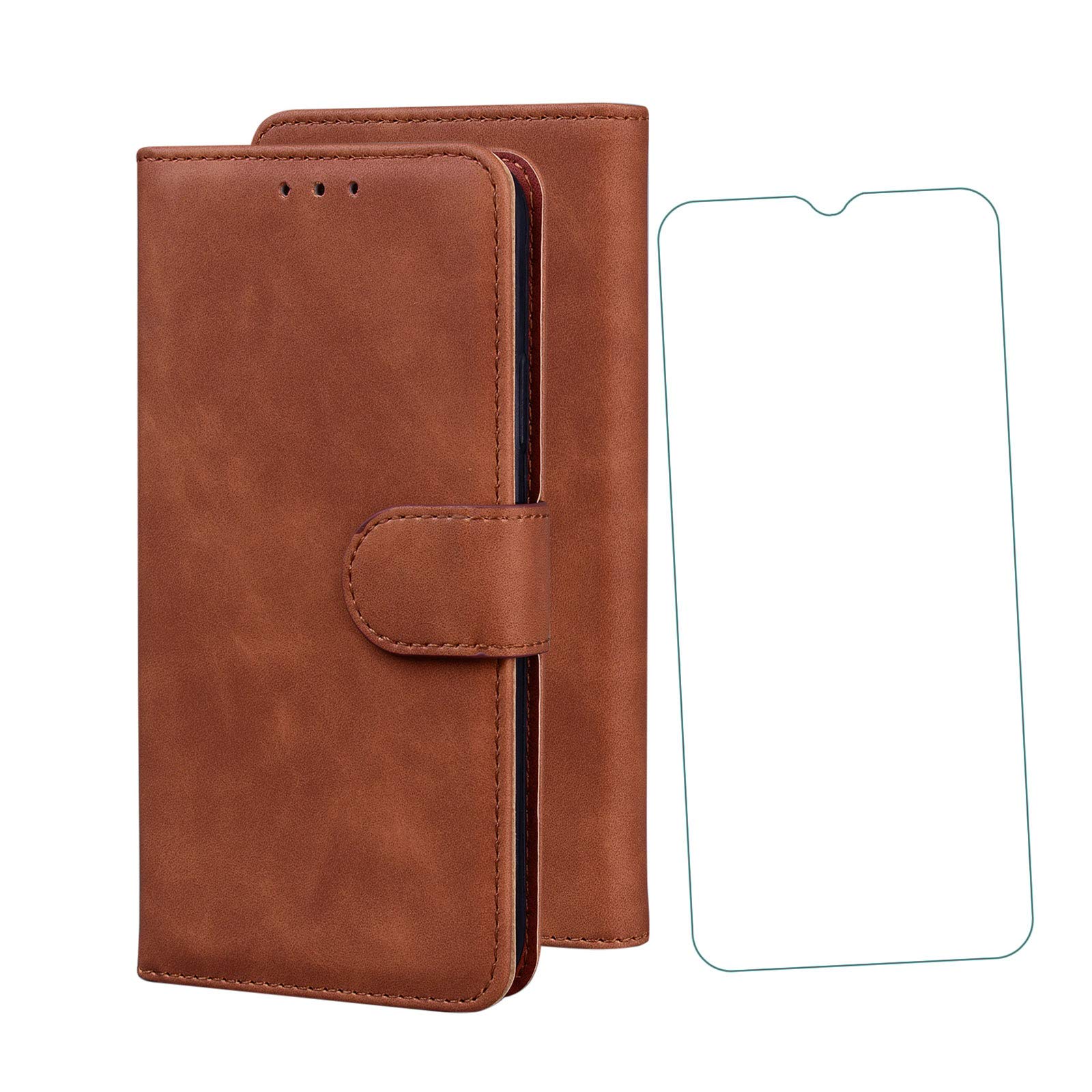 Premium Leather Wallet Case for Xiaomi Redmi Note 10 Pro - Shockproof Folio Protective Cover with Card Slots & Tempered Glass Screen Protector (Brown) - Perfect for Business, Travel & Everyday Use