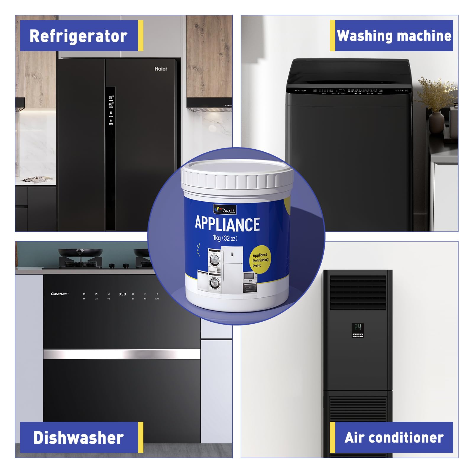 DWIL Appliance Paint for Refrigerator - Water-Based Black Paint for Plastic & Metal Surfaces (32oz) - Perfect for Refrigerators, Dishwashers, Dryers, Microwaves & Ovens - Includes Painting Tools for Easy DIY Home Appliance Refinishing