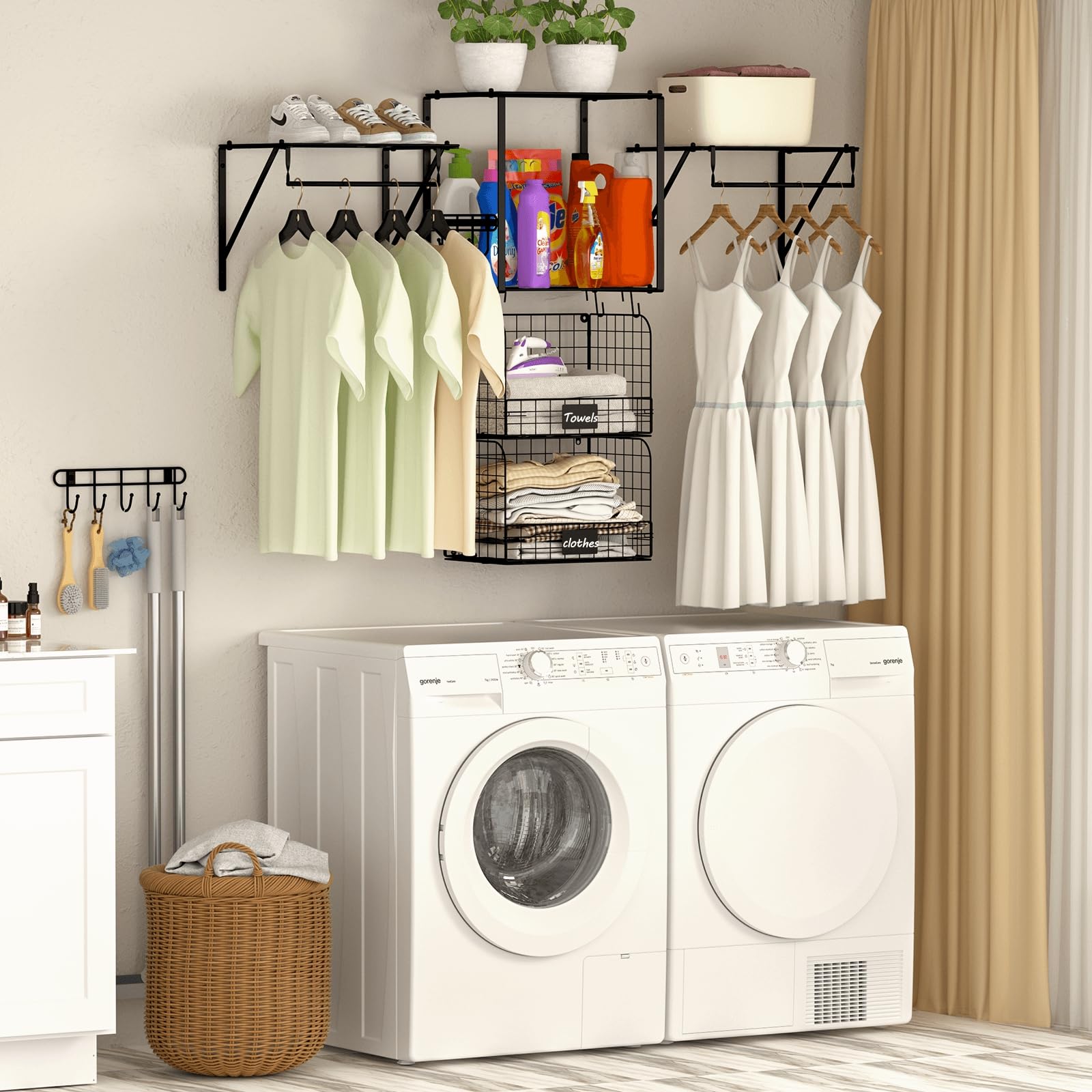 3 Pack Laundry Room Shelves with Wire Storage Baskets - Over Washer and Dryer Organizer with Hanging Rods & Hooks - Space Saving Laundry Storage Solution for Small Spaces, Closets and Utility Rooms