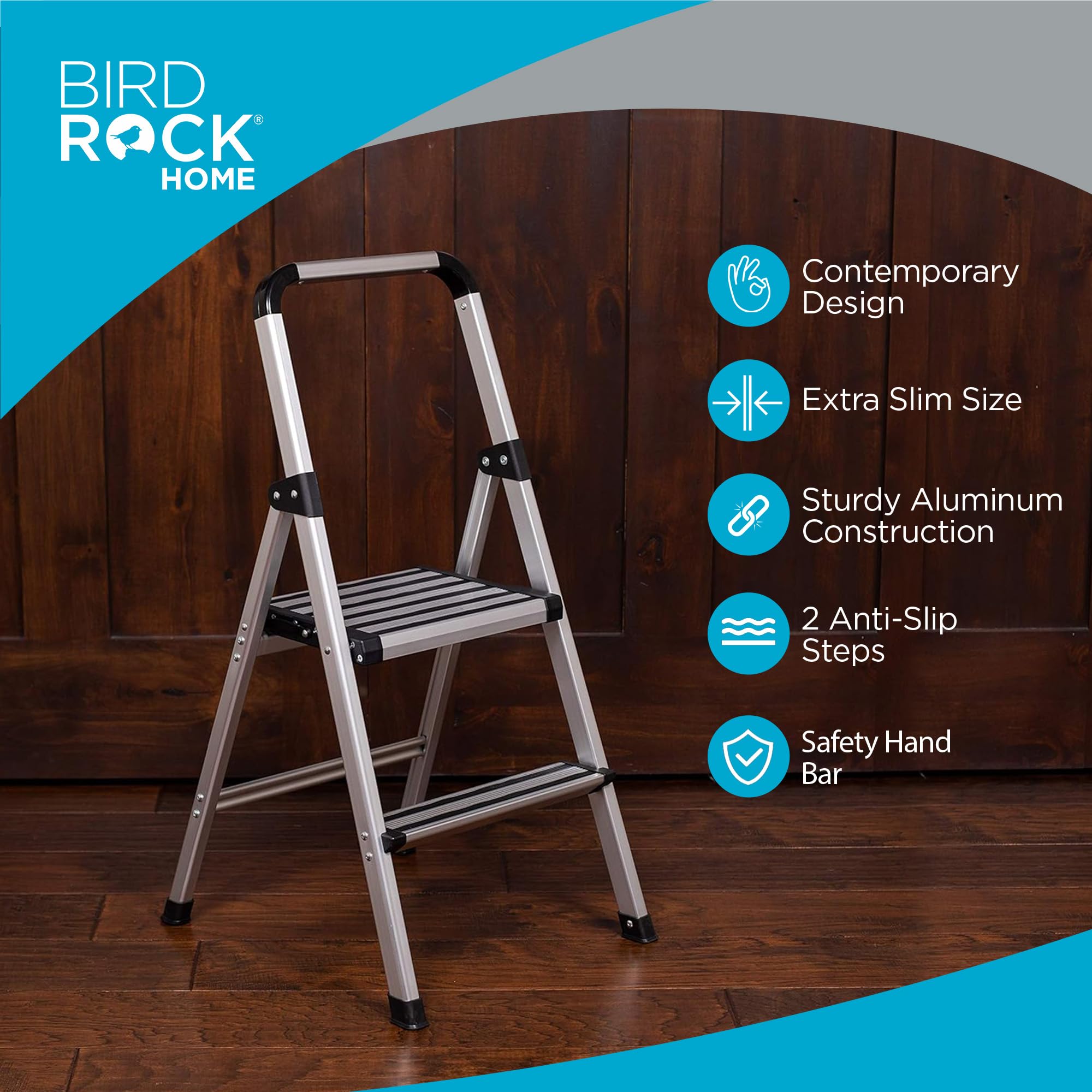 BIRDROCK HOME 2-Step Aluminum Step Ladder - Lightweight Foldable Stepladder with Wide Non-Slip Rubber Feet - Perfect for Kitchen, Pantry, Closet Organization & Home Office - Space Saving Indoor Ladder for Household Cleaning, Shelf Access & Decorating - Silver