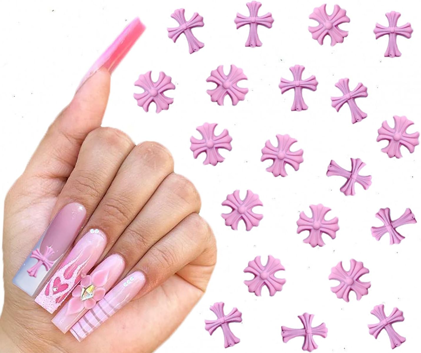 20 Pcs Pink 3D Cross Nail Charms for Nail Art - Y2K Rhinestone Nail Decorations for DIY Acrylic Nails & Manicure Designs - Perfect for Party, Wedding, and Holiday Nail Art