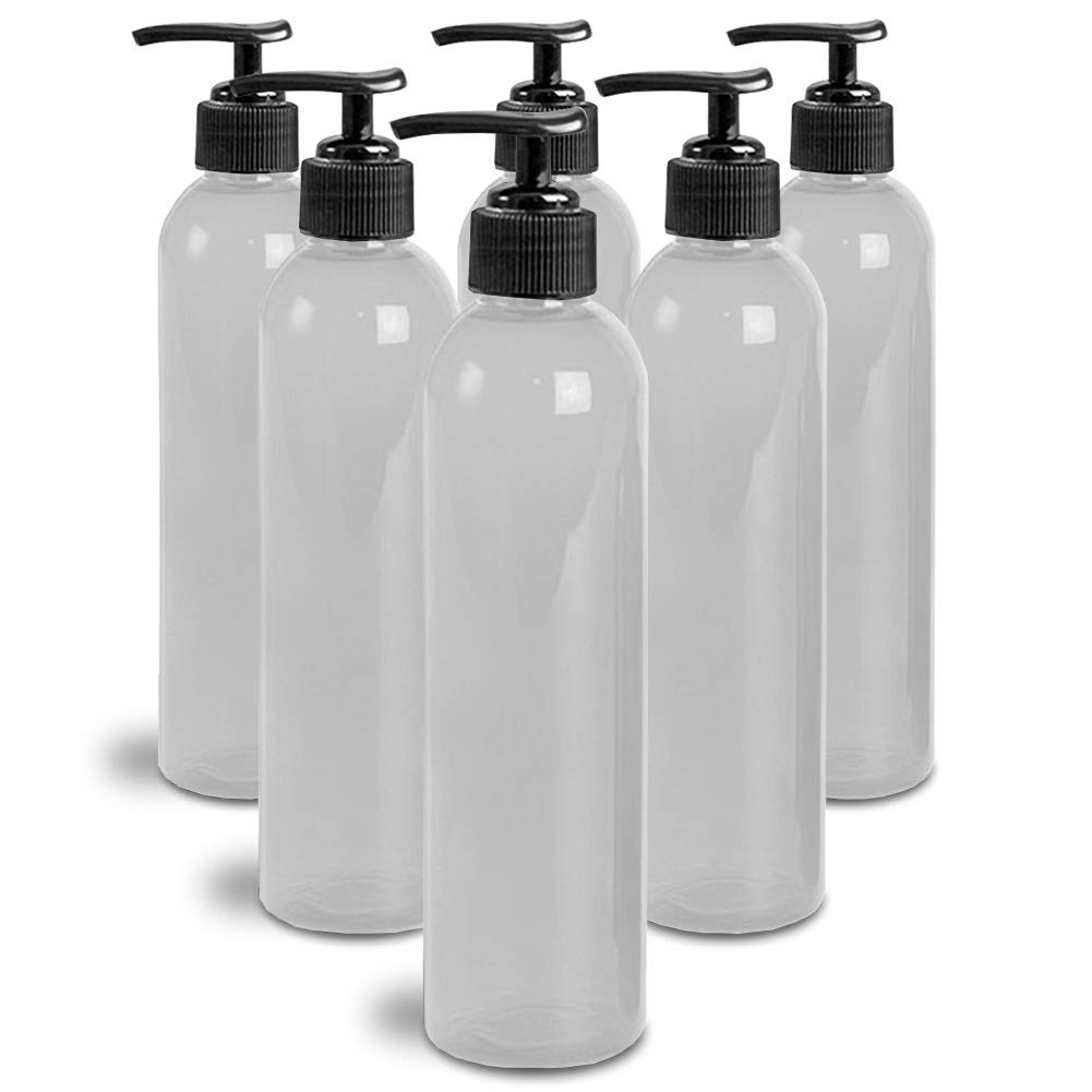 8oz Bullet Round Massage Oil Bottle with Saddle Pump - 6 Pack Clear Plastic Bottles for Aromatherapy, Lotion Dispenser & Travel Essentials | Spa, Salon & Home Use